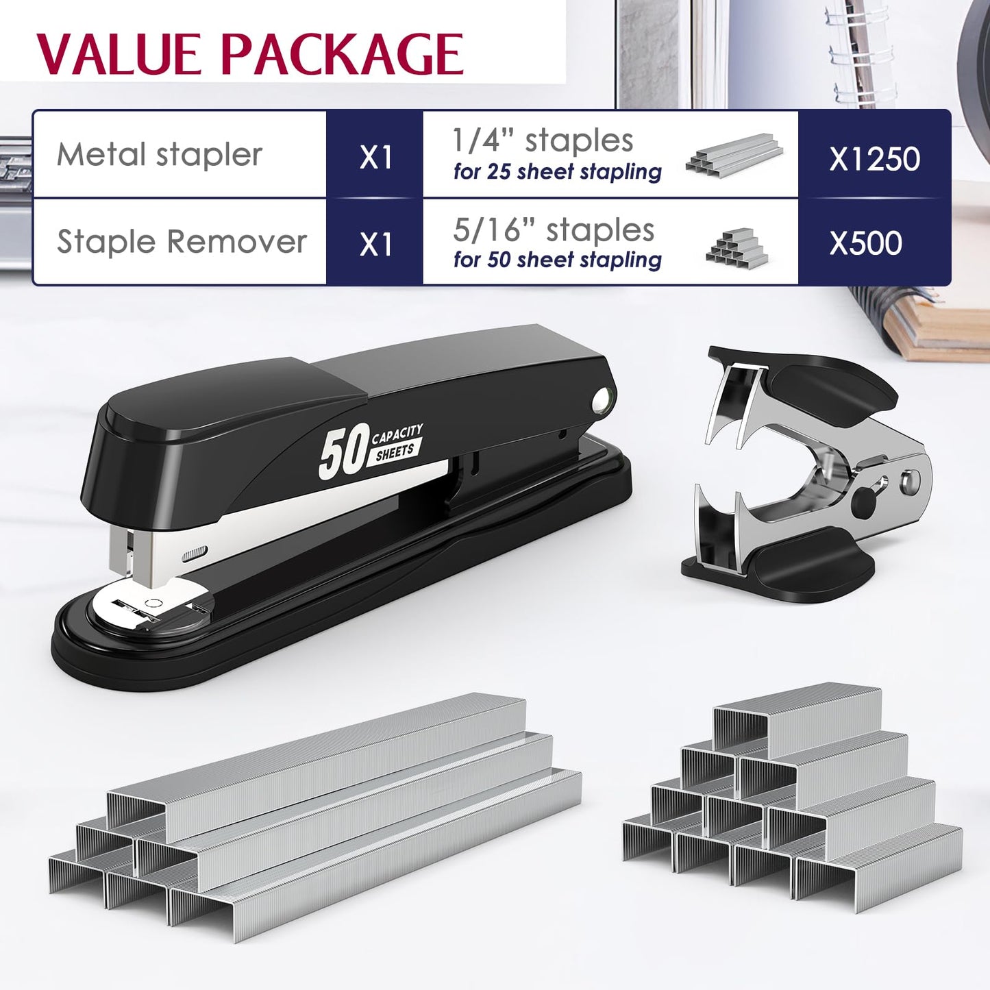 Metal Stapler Heavy Duty 50 Sheet Capacity with 1750 Staples and Staple Remover, Full Strip Staplers for Desk, No Jam, Non-Slip for Office & Classroom, Black