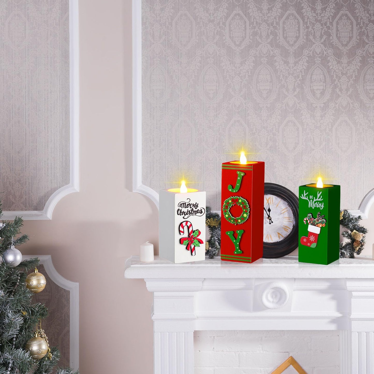 SiliFine 3 Pcs Christmas Candle Holders Xmas Table Centerpieces Decorations Wooden Tealight Candle Holders Rustic Table Centerpieces for Home Office Xmas Decor Gifts