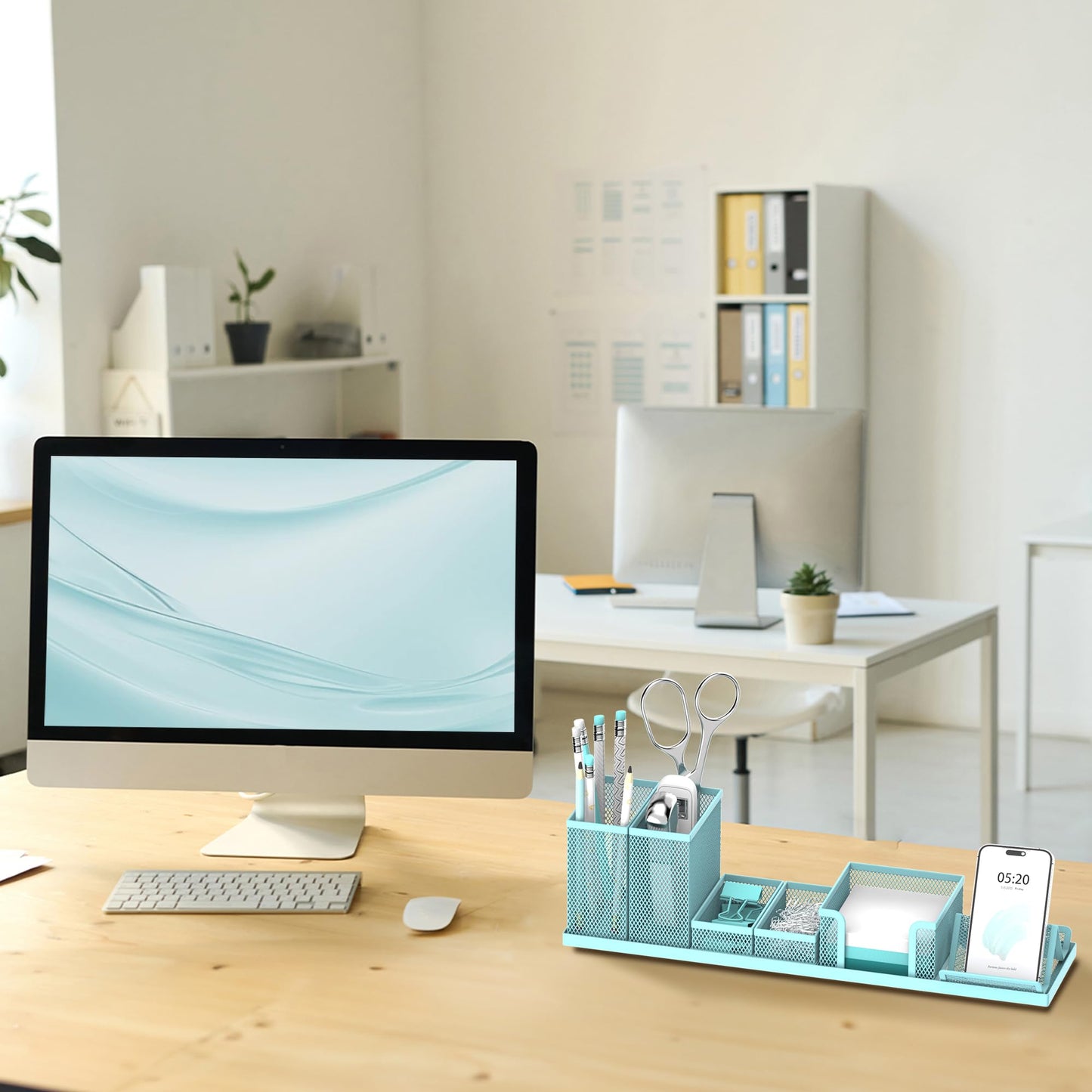 SUPEASY Pen Holder for Desk, 6 Piece Mesh Desk Organizer set for Office Organization with Mail Organizer, Letter Phone Holder, Sticky Notes Caddy Storage, Blue