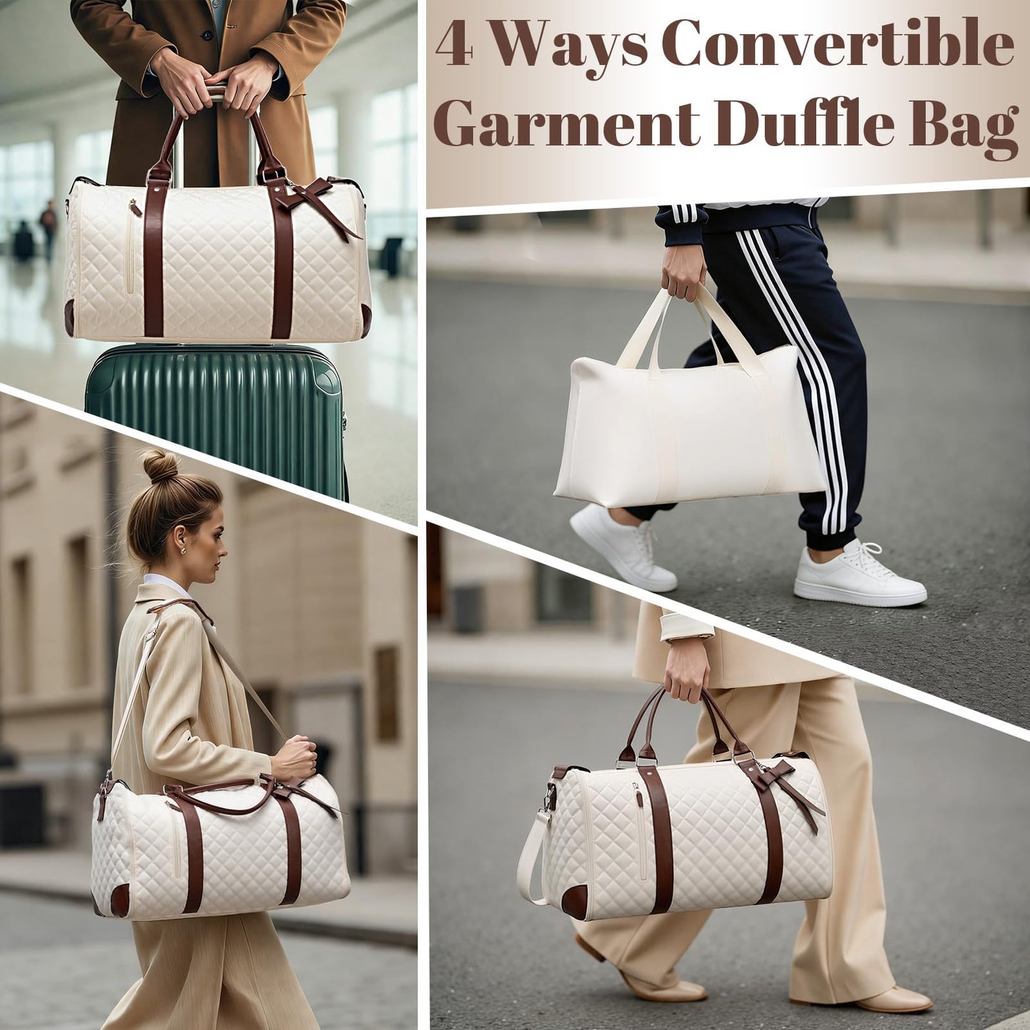 GARPROVM Garment Bags for Travel Women, 3 in 1 Convertible Garment Duffle Bags with Separated Tote Bag, Waterproof Suit Bag Travel Carry On Luggage Weekender Bag for Business Trip, Beige