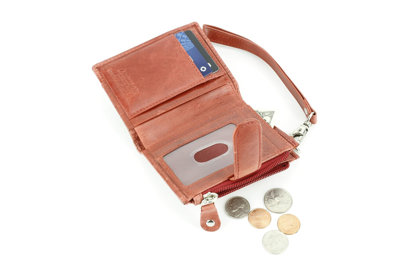 American Bison Small Fold-Over Wristlet Wallet for Women – Floral Embossed Filigree Clutch with Snap Closure, Zip Coin Pocket, Card Slots & ID Window (Red)