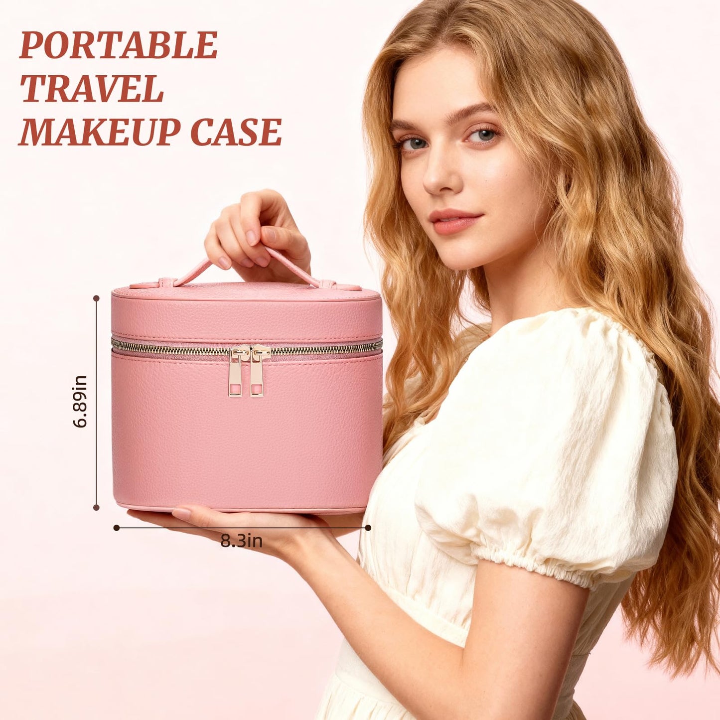 MaqSacion Makeup Bag Vanity Case for Women Leather Cosmetic Bag Makeup Organizer Case Portable Travel Toiletry Bag With Removable Compartments and Handle - Pink