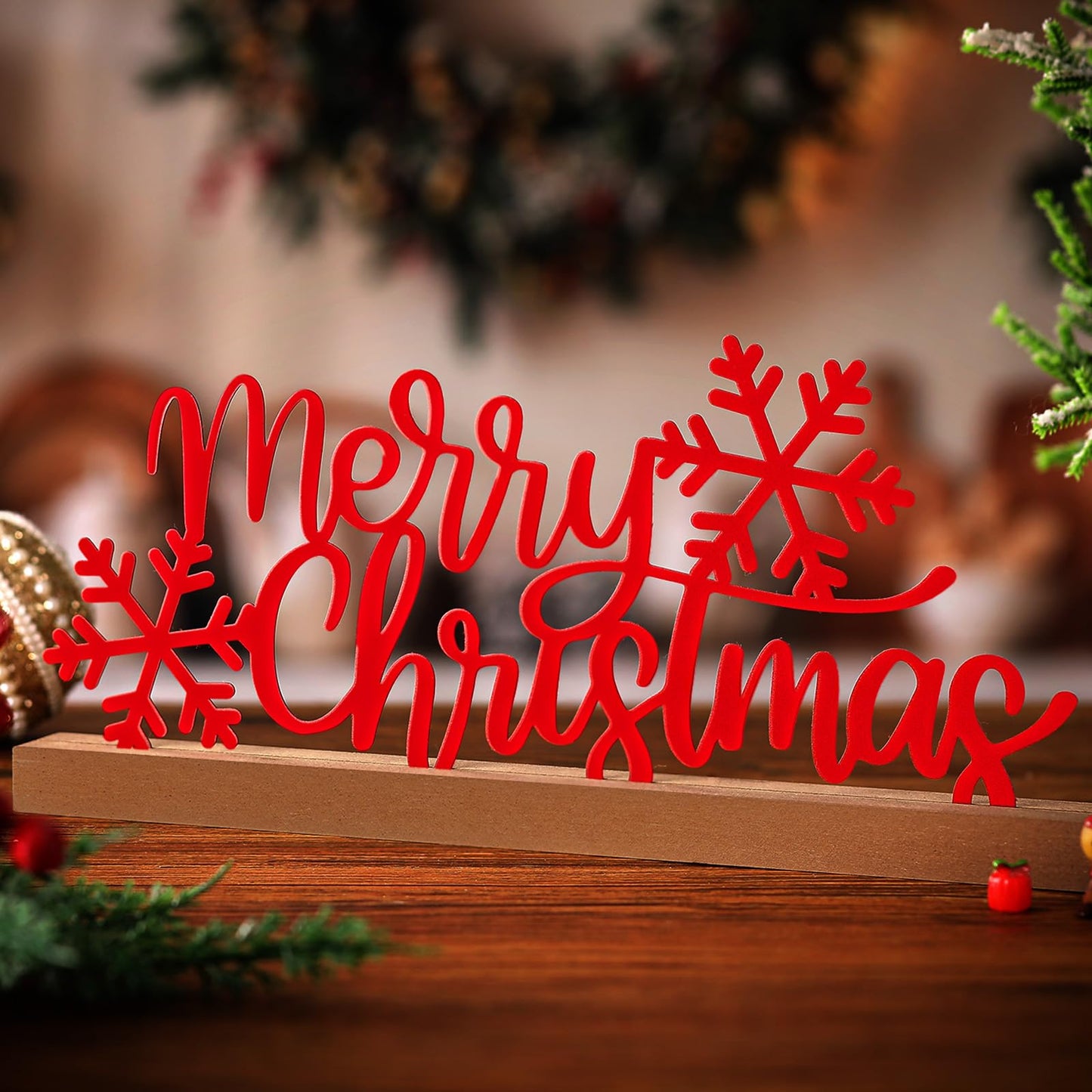 Yaocom 13.78 Inch Merry Christmas Table Sign Xmas Metal Letter Decor Christmas Freestanding Tabletop Decoration with Wooden Base for Home Tiered Tray Centerpiece Mantel Shelf Fireplace