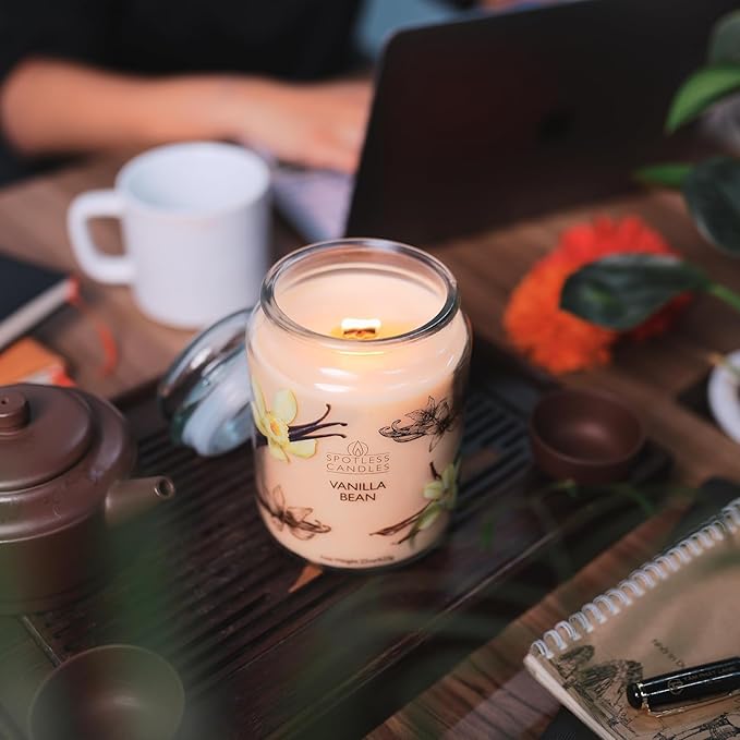Candle Vanilla Bean 22oz with Wooden Wick in a Presentation Gift Box & Protective Shipper - Vanilla Scented Candles - Large Jar Candles