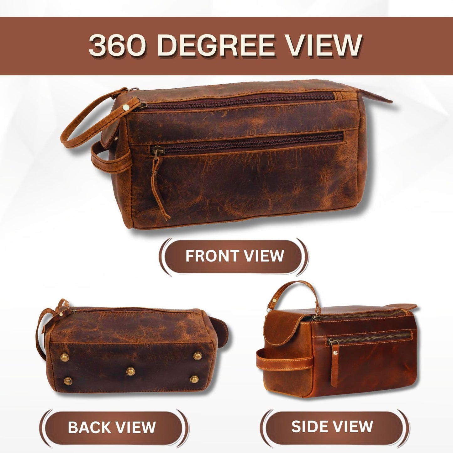 Rajeriya Premium Buffalo Leather Toiletry Bag for Men & Women With Water resistant Lining, Cosmetic Bags,Grooming Travel Pouch, Unisex Wash Bag for Toiletries, Gifts for Men and Women