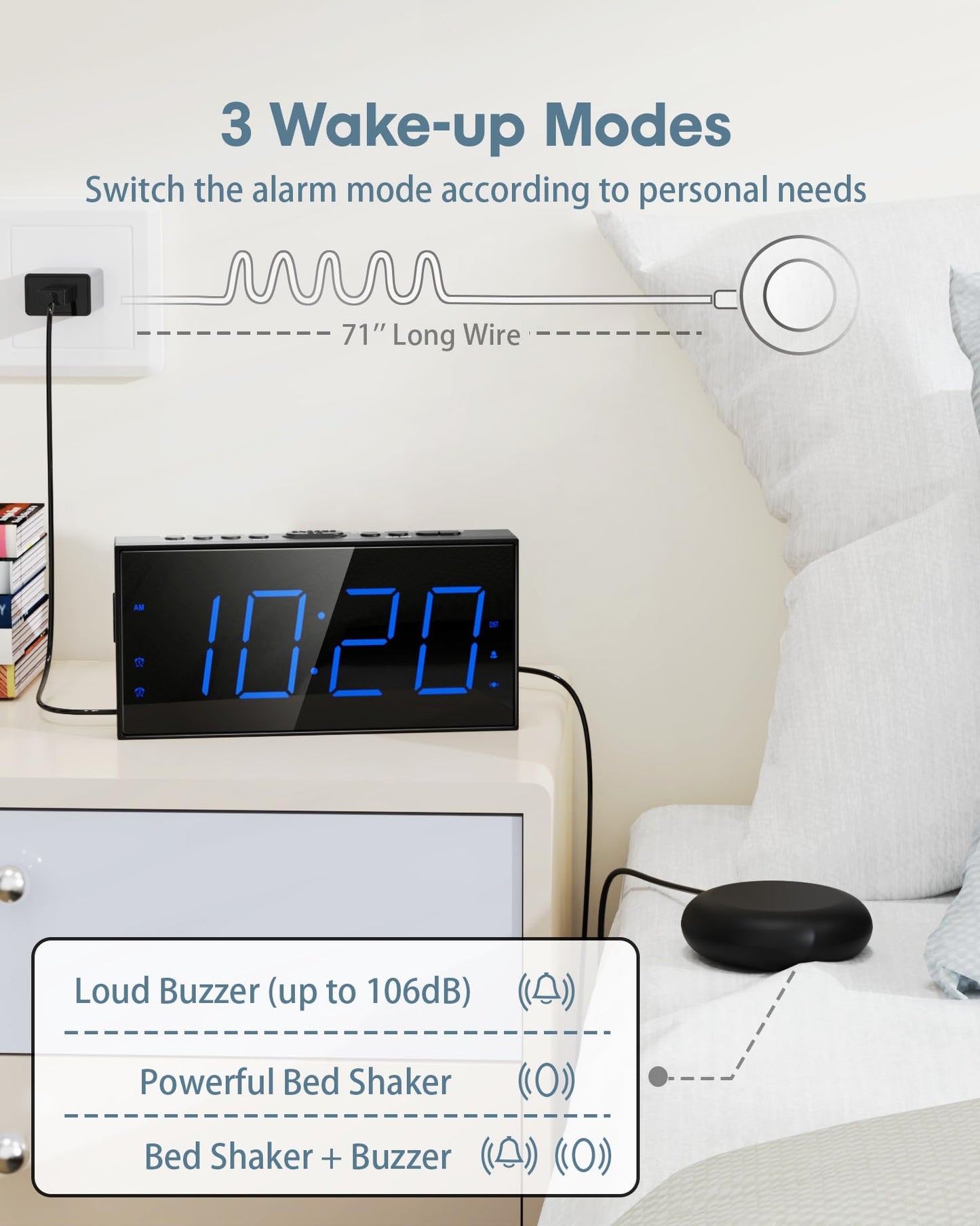 Roxicosly Loud Alarm Clock with Bed Shaker, Vibrating Alarm Clock for Heavy Sleepers/Hard of Hearing/Deaf,Dual Alarms, 7.5โโ Large LED Display, Dimmer, USB Charging Port, Plug-in with Memory Function