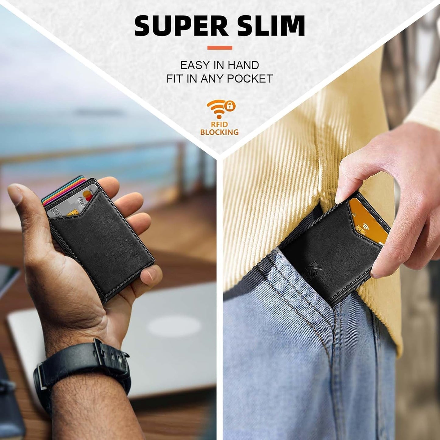 Men's Slim RFID Blocking Wallet Genuine Leather Front Pocket Design with Money Clip Holds 12 Cards Magnetic Flip Case (Black)