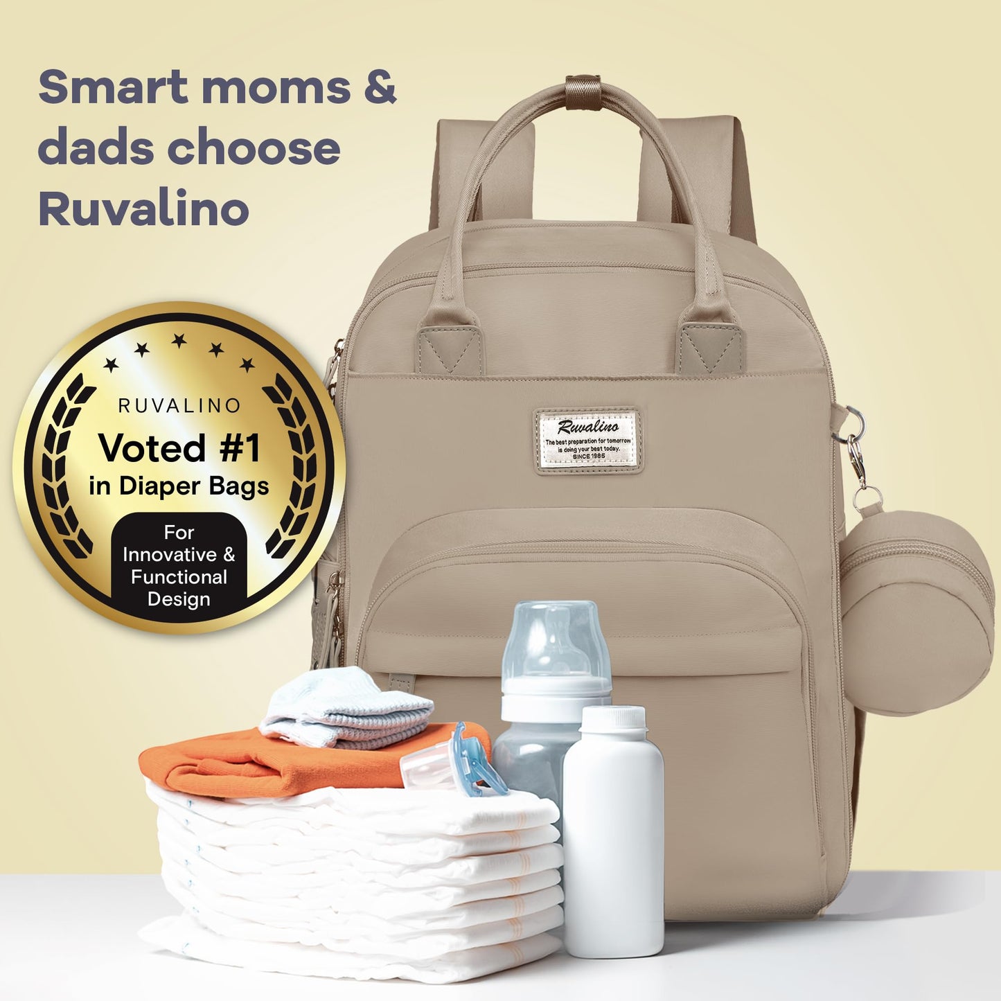 RUVALINO Diaper Bag Backpack-Multifunction Baby Travel Bag with Changing pad, Insulated Bottle Holders & Pacifier Case, Large Capacity, Waterproof, Clay