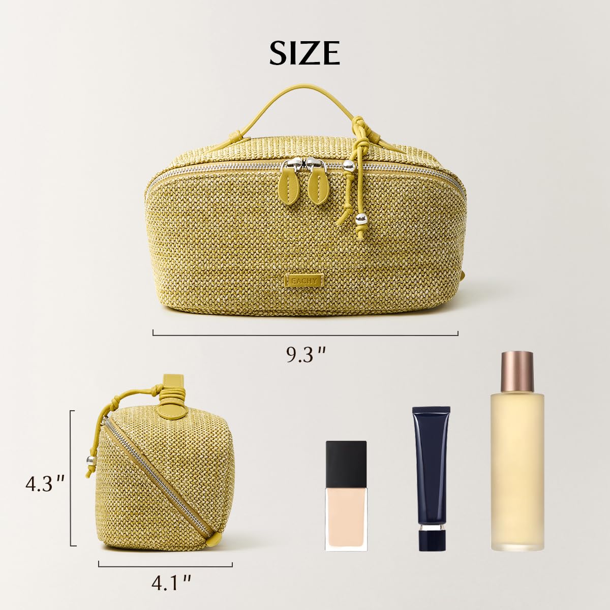 EACHY Makeup Bag, Woven Travel Toiletry Bag, Portable 180° Wide-Open Flat Cosmetic Bags for Women, Large Capacity Makeup Pouch with Divider and Handle