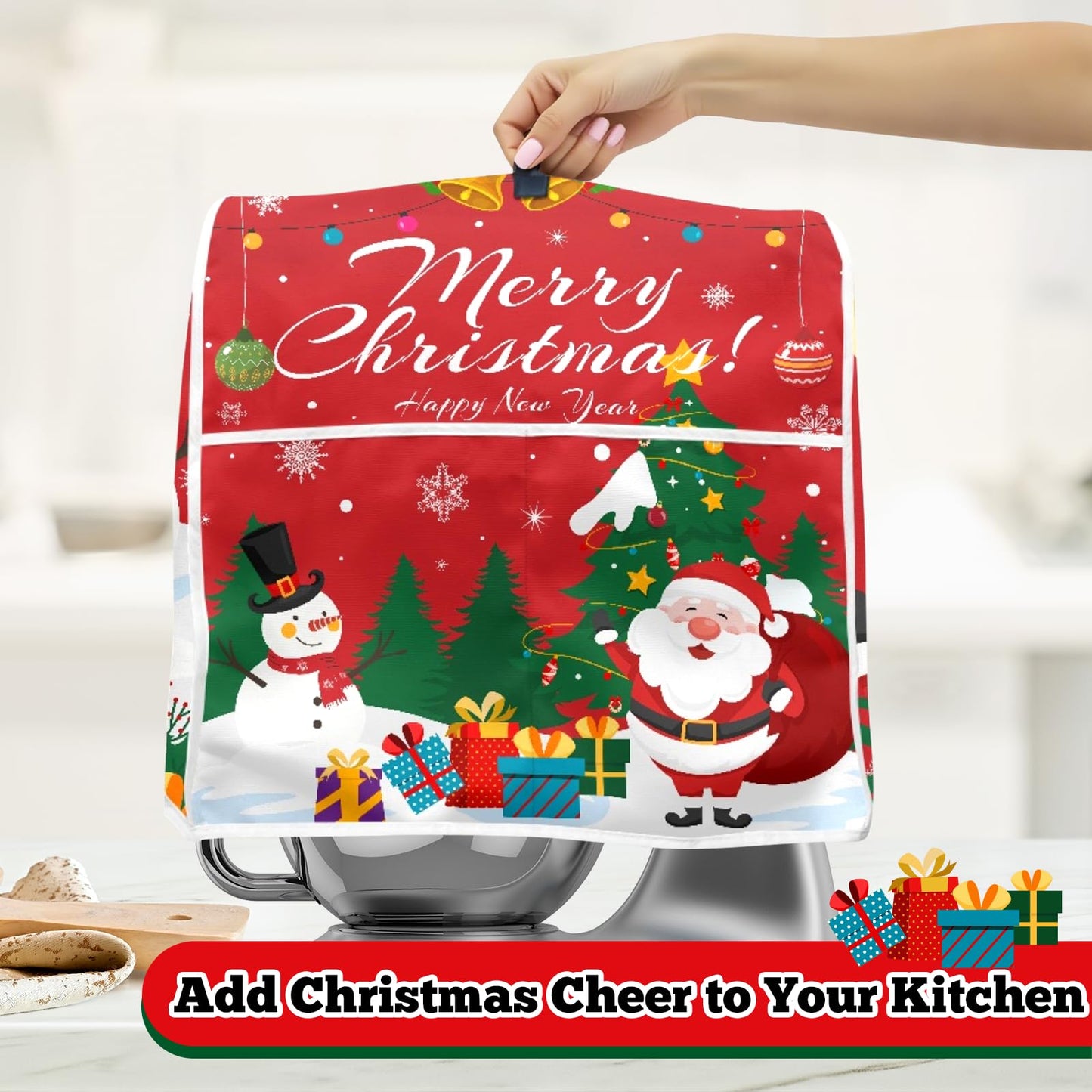 FBBP Christmas Stand Mixer Cover - Compatible with 6-8 Quart for Kitchen Appliance - Santa Claus and Snowman Dust Cover with Pockets for Accessories Xmas Home Kitchen Decor