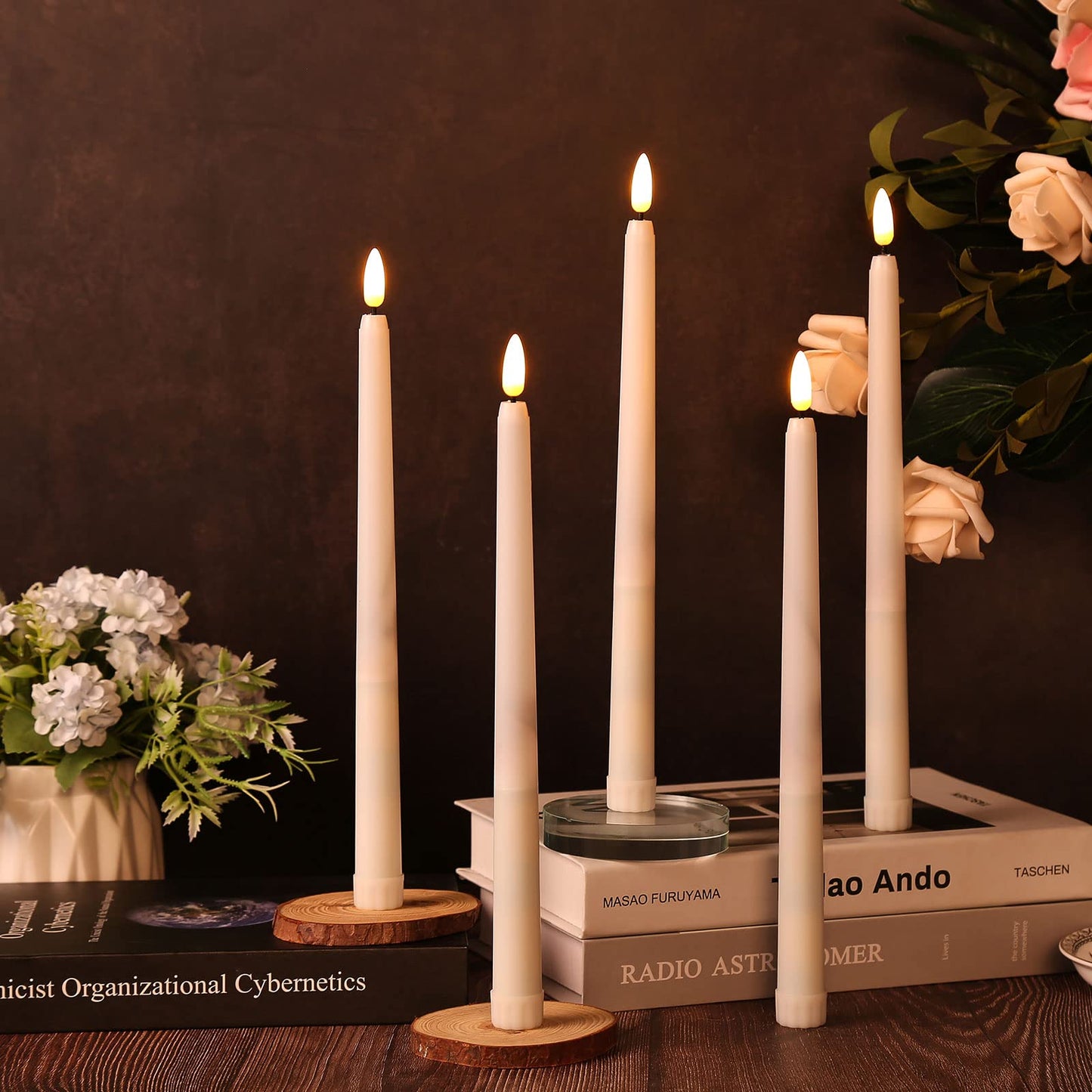 IMAGE Flameless Taper Candles with Remote, 12 Pcs LED Candlesticks 3D Wick Ivory Taper with Timer Flickering Function for Home, Wedding, Birthday Halloween Christmas (Battery Powered)