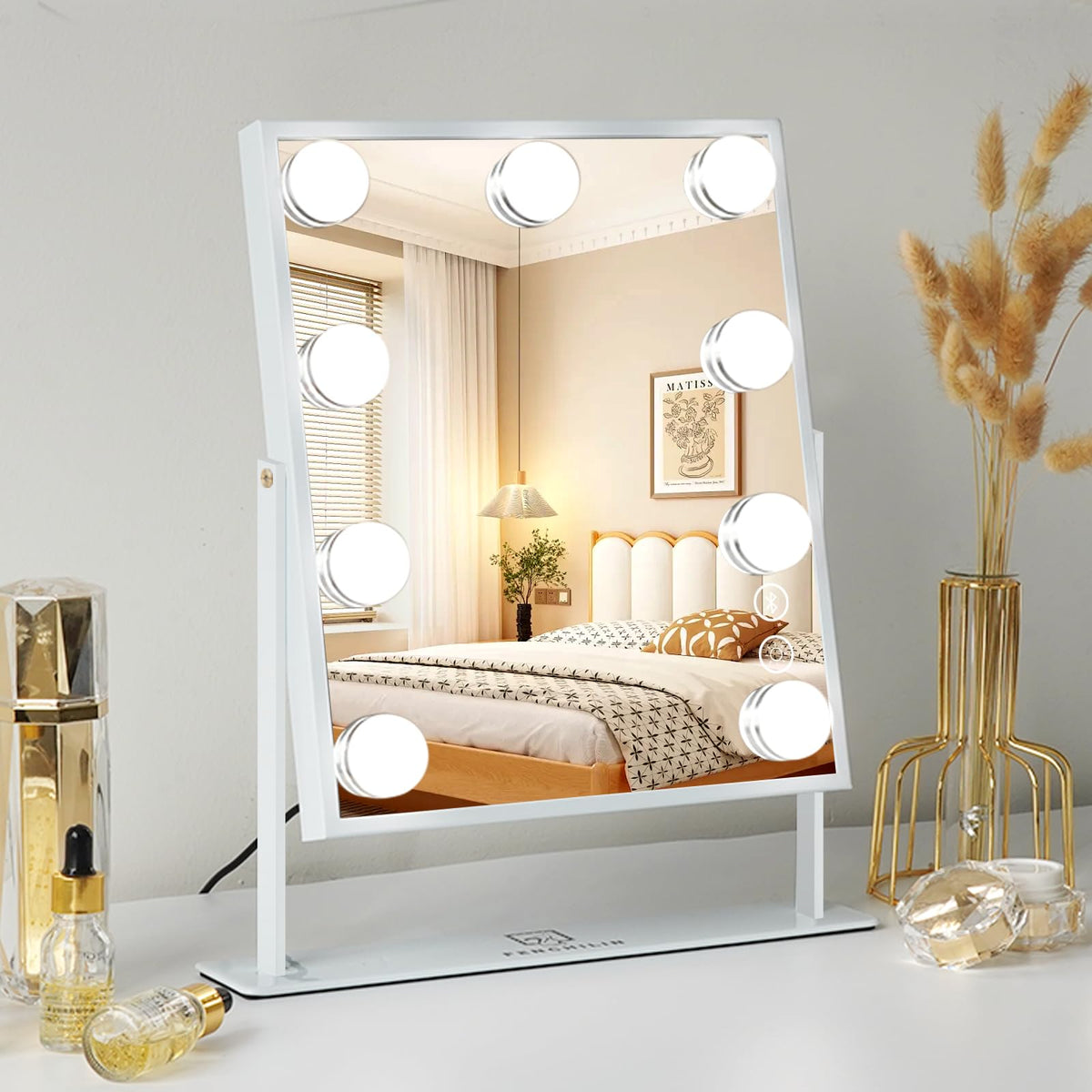 FENCHILIN Vanity Mirror with Light Lighted Makeup Mirror Vanity Makeup Mirror Smart Touch Control 3Colors Dimable Light Detachable 10X Magnification 360°Rotation(White)