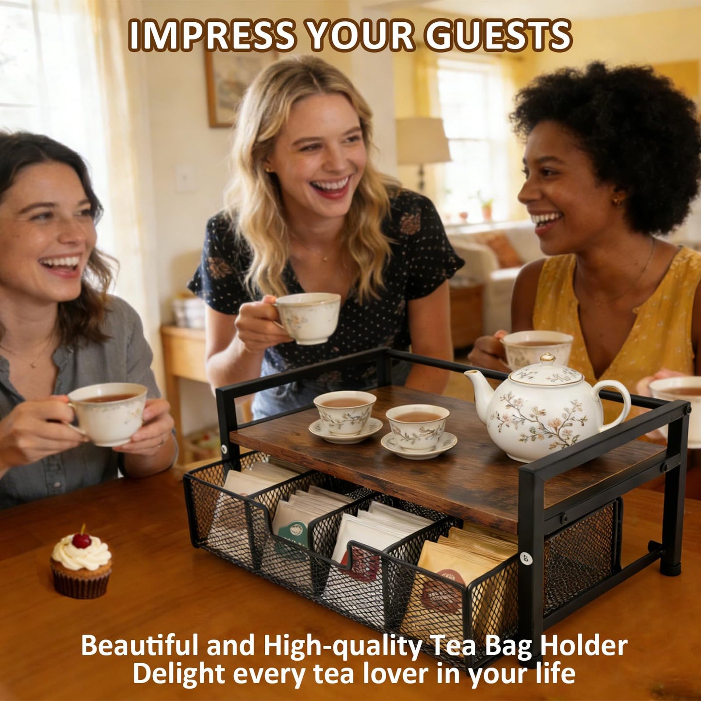 Tea Bag Holder, Tea Bag Organizer and Storage with Drawers, Tea Bags Organizer Natural Wood & Metal with 8 Compartments, Multi-Purpose Tea Rack Teabag Station Chest for Countertop, Kitchen, Office