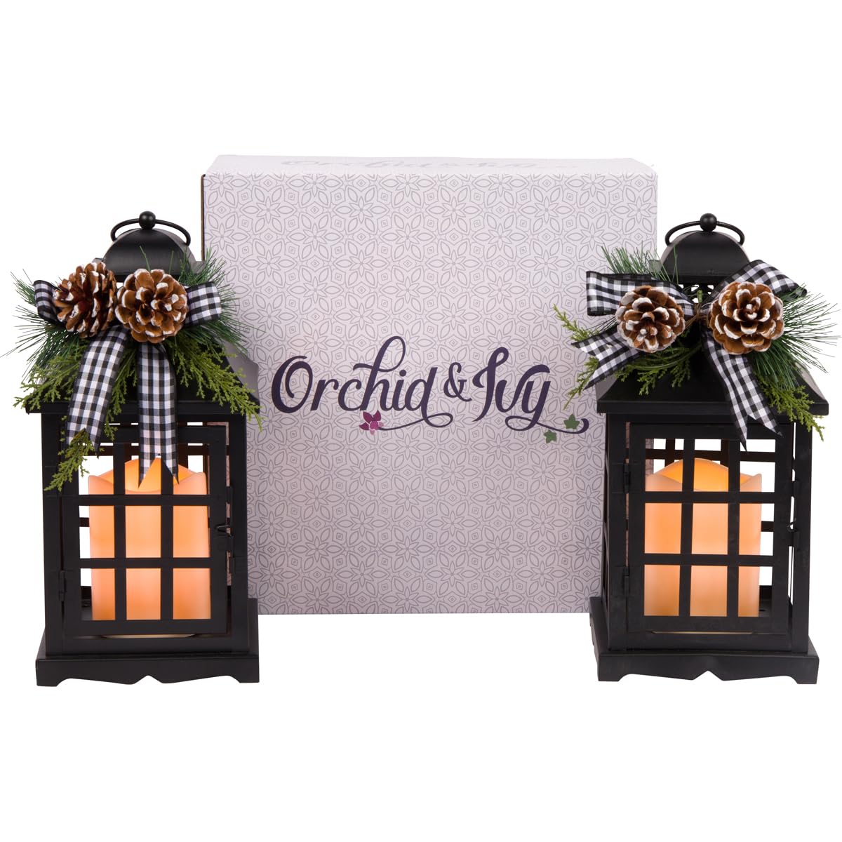 Orchid & Ivy Set of 2 11-Inch Rustic Black Metal Christmas Holiday Lanterns w/ Flameless LED Candle, Timer, Greenery, Plaid Bow – Country Farmhouse Hanging or Tabletop Decoration – Xmas Home Decor