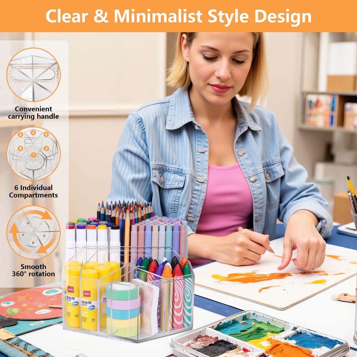 Hiborateed Pen Holder for Desk Acrylic, Large 6 Slots 360-Degree Rotating Marker Organizer Pencil Holder, Caddy Art Supply Organizer Crayon Organizers for Office School