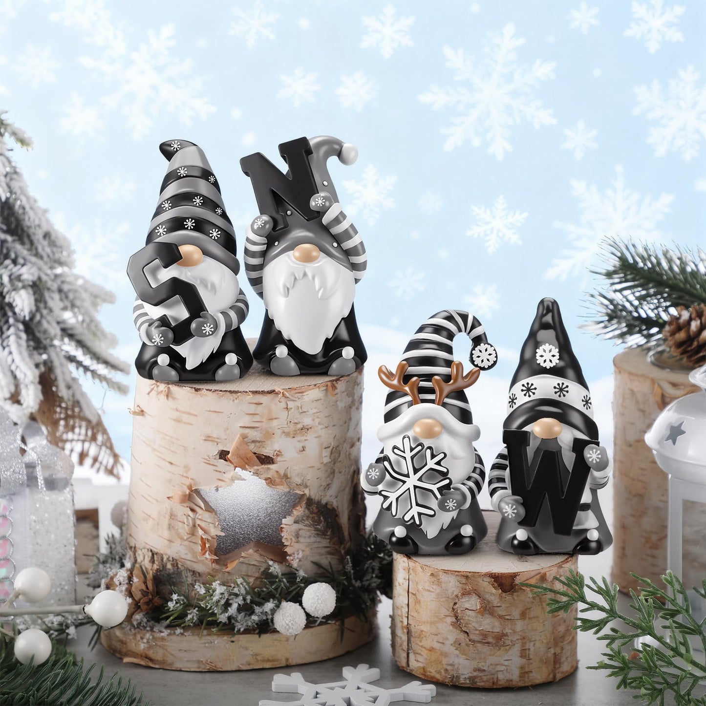 ShinyRelief 4 Pcs Winter Figurines Resin Gnome Tabletop Snowflake Antlers Sculpture Decoration Winter Black White Centerpiece for Home Dining Room Party Supplies Gifts Decor