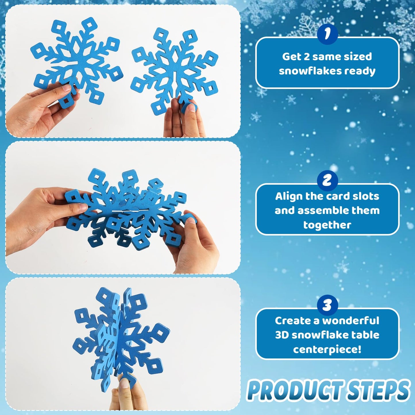OuMuaMua 12 Sets Snowflake Christmas Table Decorations - 24pcs Blue Fuchsia Purple Sliver Wooden 3D Snowflake Decor Tabletop Centerpieces for Christmas Party Supplies Home Decor