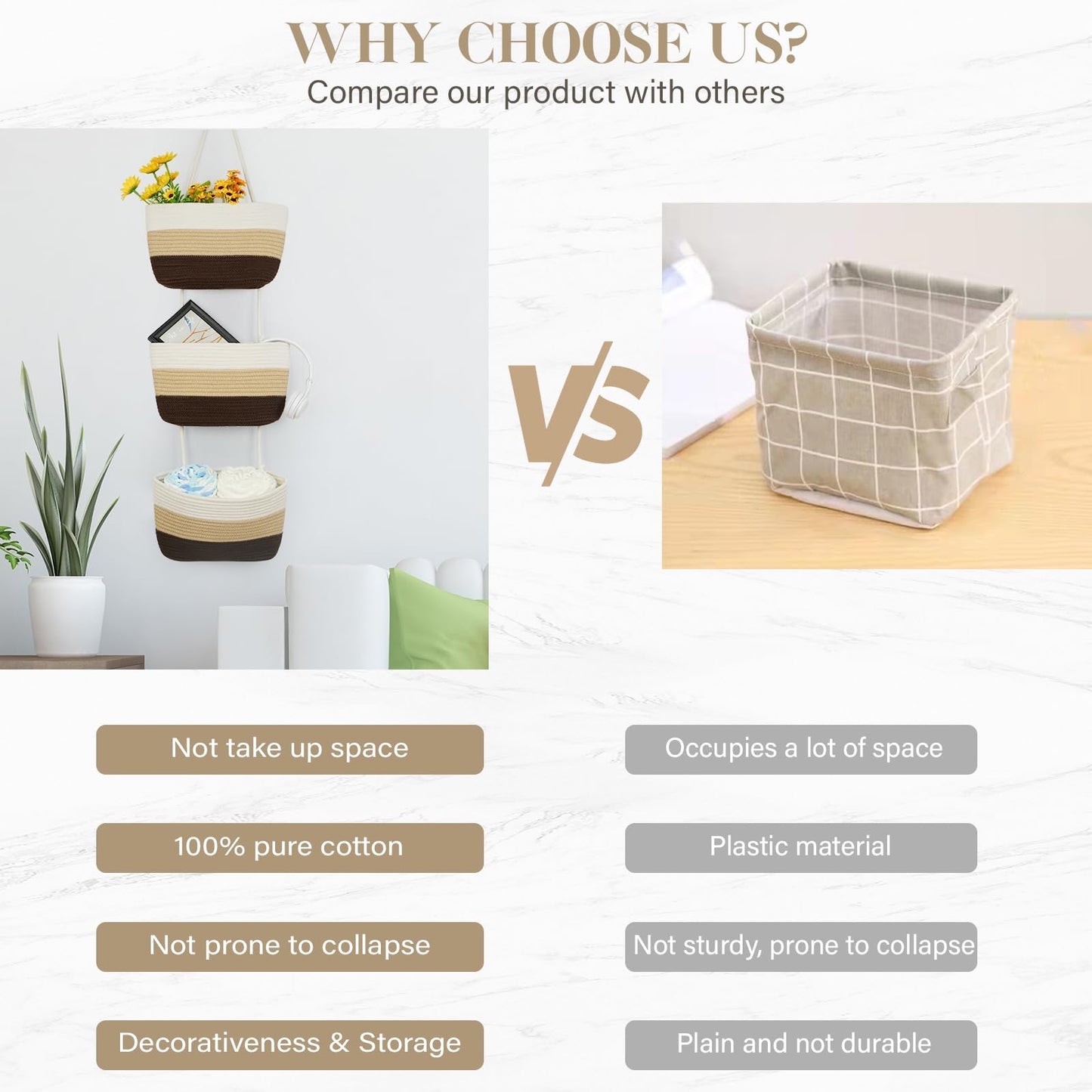 TeoKJ Over the Door Hanging Basket, 3-Tier Woven Cotton Wall-Mounted Storage Organizer Bag Decorative Hanging Nursery Baskets,Gradient Brown