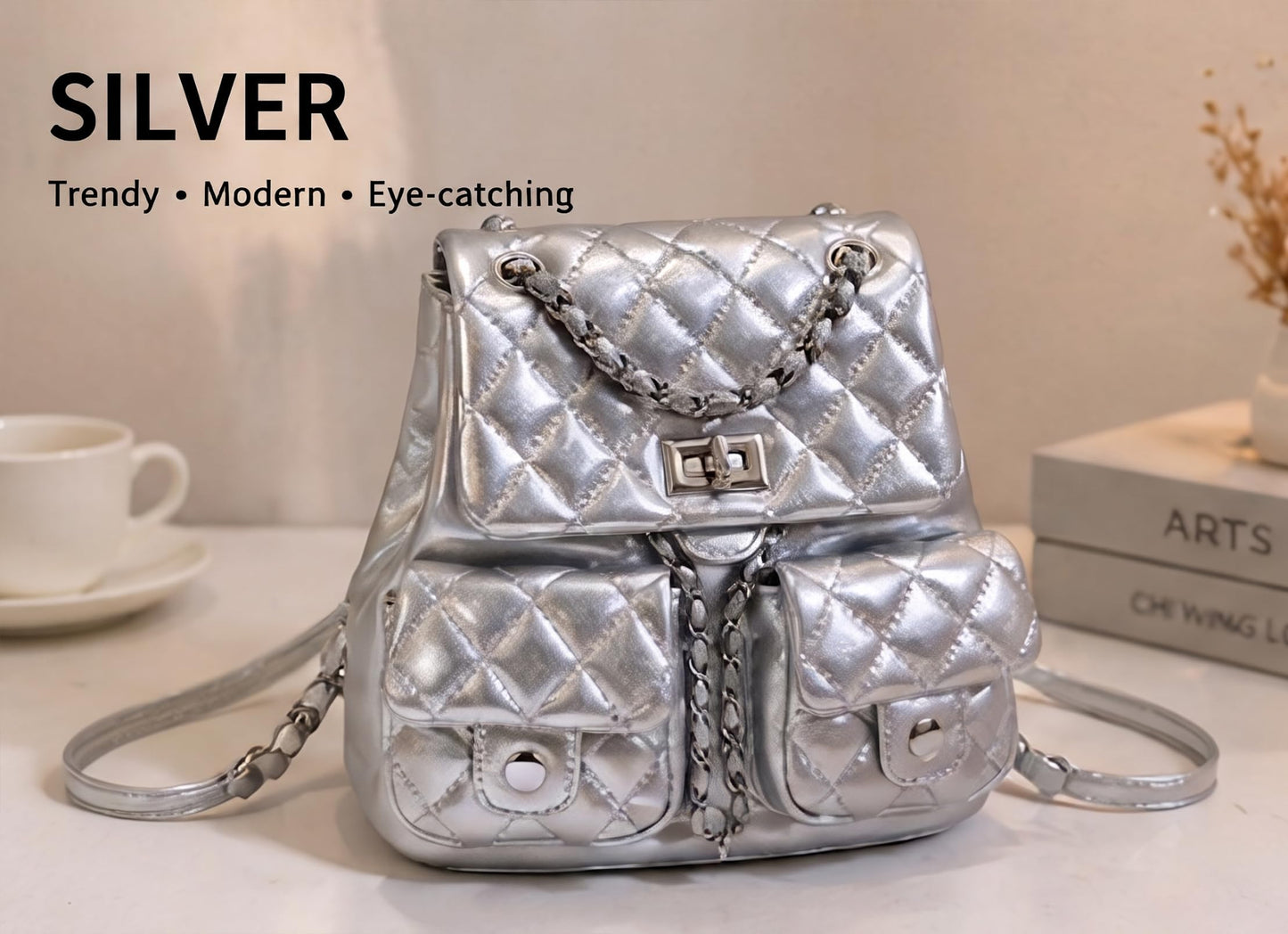 COC.EFRENAR Quilted Mini Backpack for Women, Chain Strap Small Purse with Flap Closure, Fashion Shoulder Bag Cute Travel Daypack(Silver)
