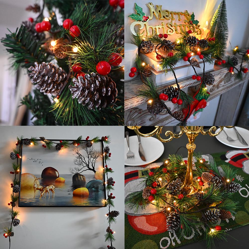 Christmas Garland Lights 6.56FT Holiday Prelit Garlands Pine Cone Red Berry Battery Operated with Remote Garland Wreath Xmas Decor Lights for Outdoor Indoor Christmas Tree Home Frontdoor Decorations