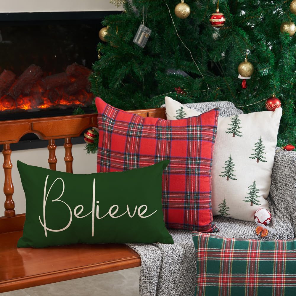Christmas Throw Pillow Covers 12x20 Inch Set of 2 Merry Christmas Farmhouse Decorations Believe Holiday Decor Throw Cushion Case for Home Couch