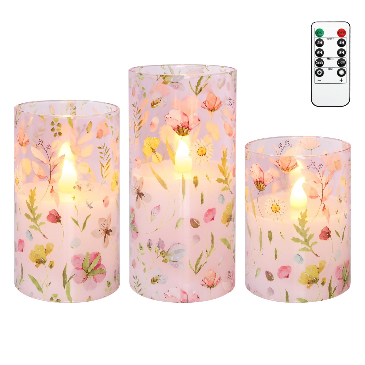 Silverstro Pink Flameless Candles with Remote Timer, Glass Battery Operated Candles, Pink Flower Decals LED Candles for Home Party Wedding Mother's Day Thanksgiving Decor Set of 3