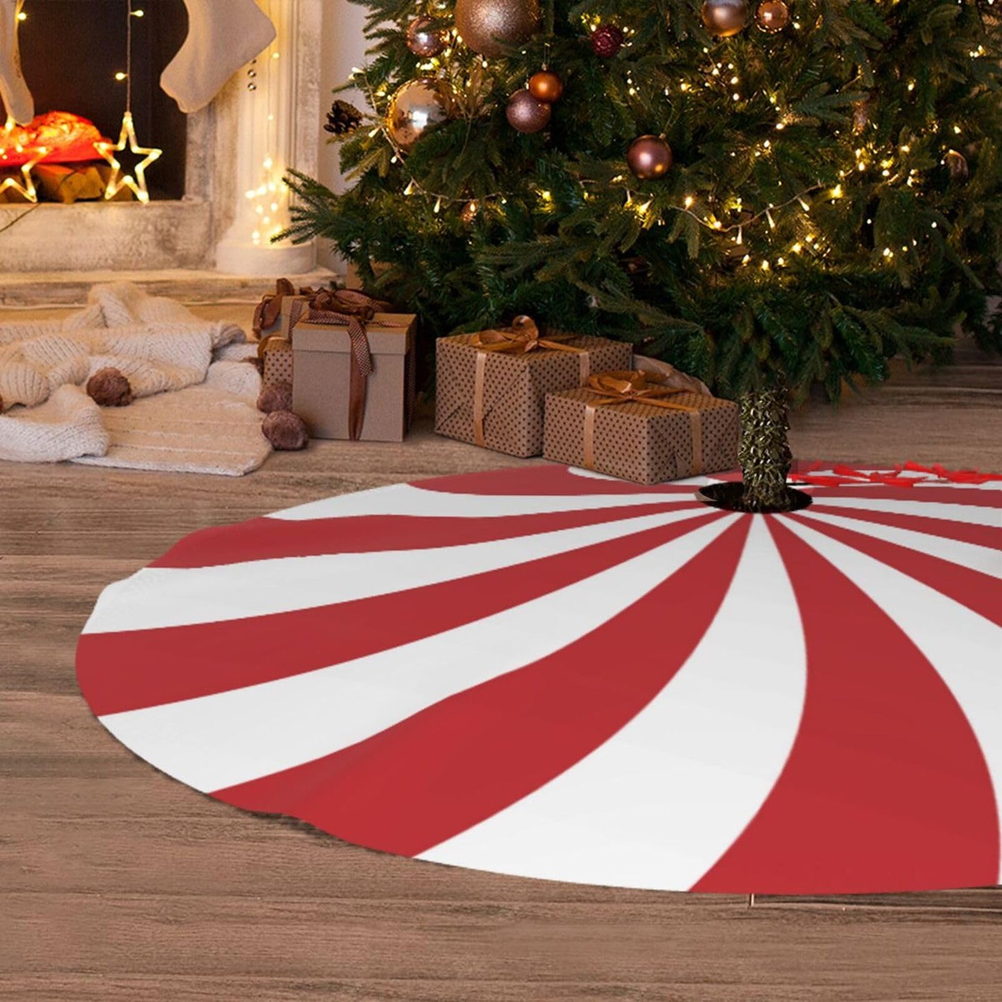 Swirl Christmas Tree Skirt 36 Inch Sweet Candy Cane Red and White Mat Funny Party Holiday Festive Decor Supplies for Home Occasion Ornament Decorations