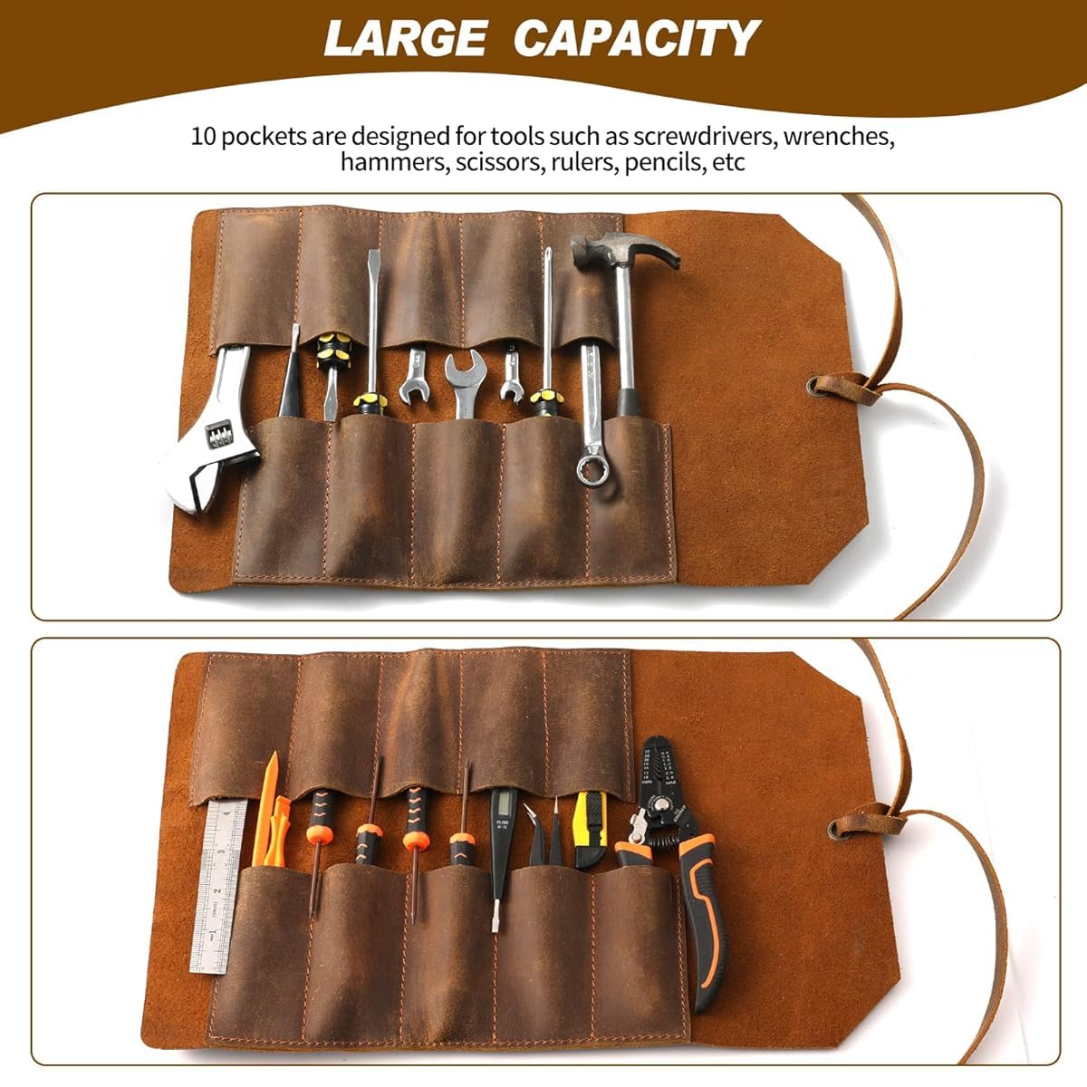 Leather Tool Roll Up Pouch (10 Slots) - Leather Tool Wrench Roll/Chisel Bag Portable Carry-On Pouch, Workshop Storage, Woodworking Tools Organizer (Mustard Brown)