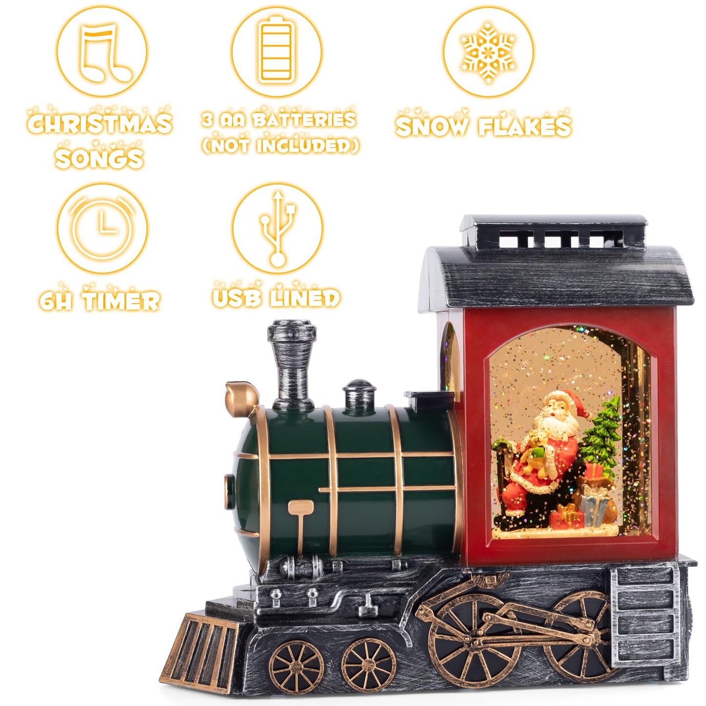 Santa Red Train Christmas Snow Globe Lantern-Glittering Light Up Musical Snow Globe Christmas Decorations, 6H Timer, USB & Battery Operated, Santa Indoor Home Décor