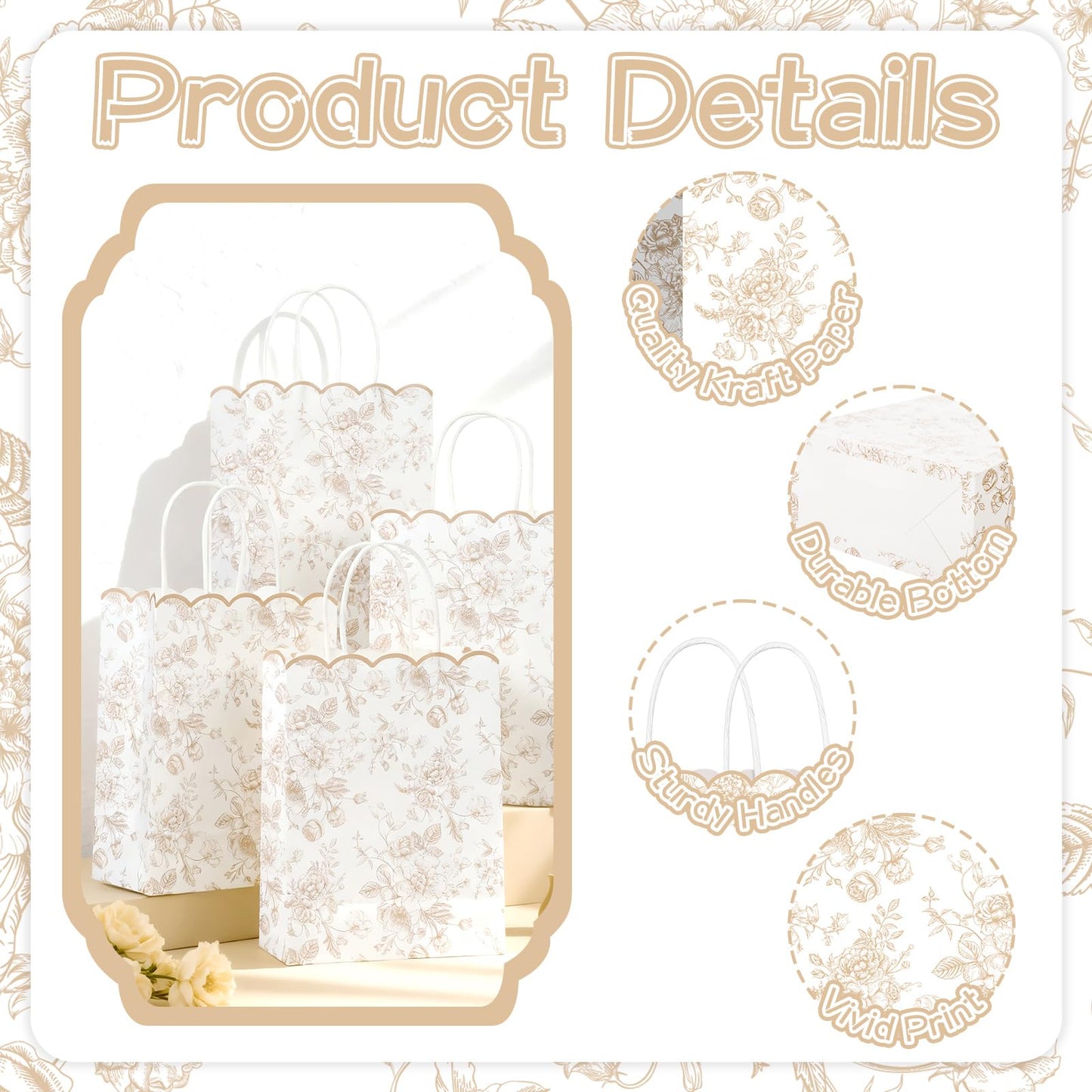 Kolldenn 24 Pcs Beige Floral Party Favor Bags with Handles Scalloped Wildflower Goodie Candy Gift Treat Bags for Birthday Decoration for Bridal Baby Shower Party Supplies