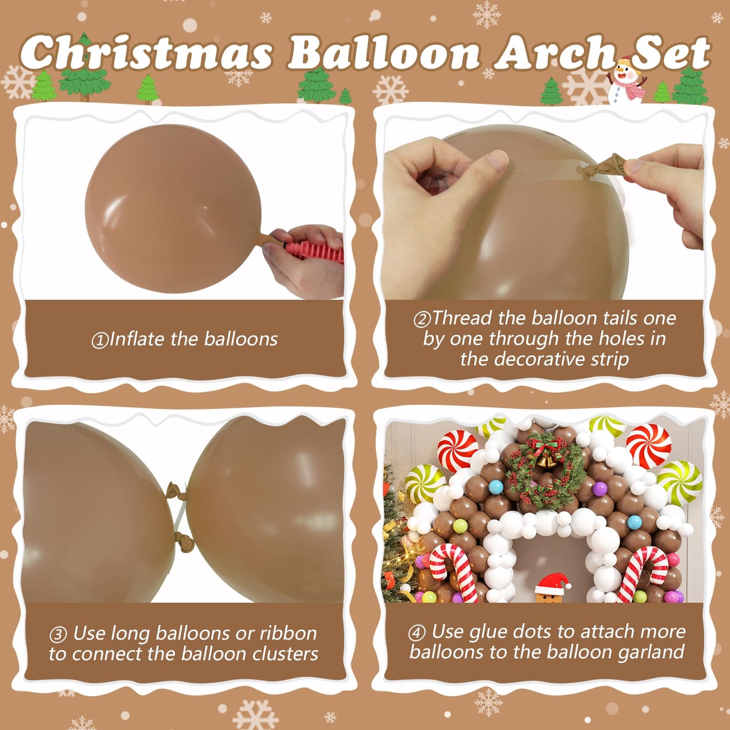 420Pcs Christmas Gingerbread House Balloon Arch Garland Kit, Brown White Balloon with Candy Canes Lollipops for Merry XMAS New Year Winter Party Decorations