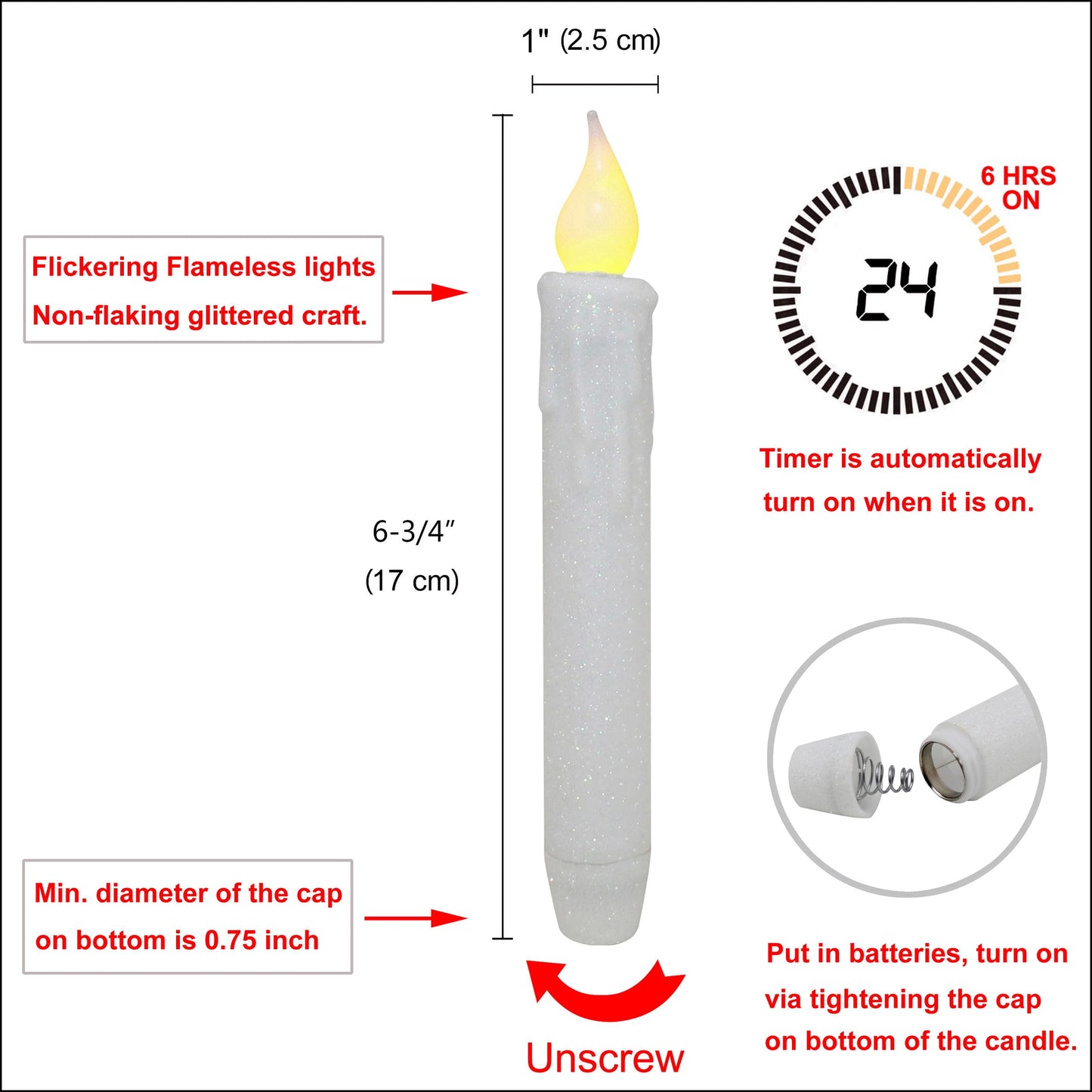 CVHOMEDECO. Glitter Flameless Candles Flickering Battery Operated LED Taper Candles with Timer for Home, Wedding, Halloween, Christmas Decor. Glitter White, 6-3/4 Inch, Set of 2