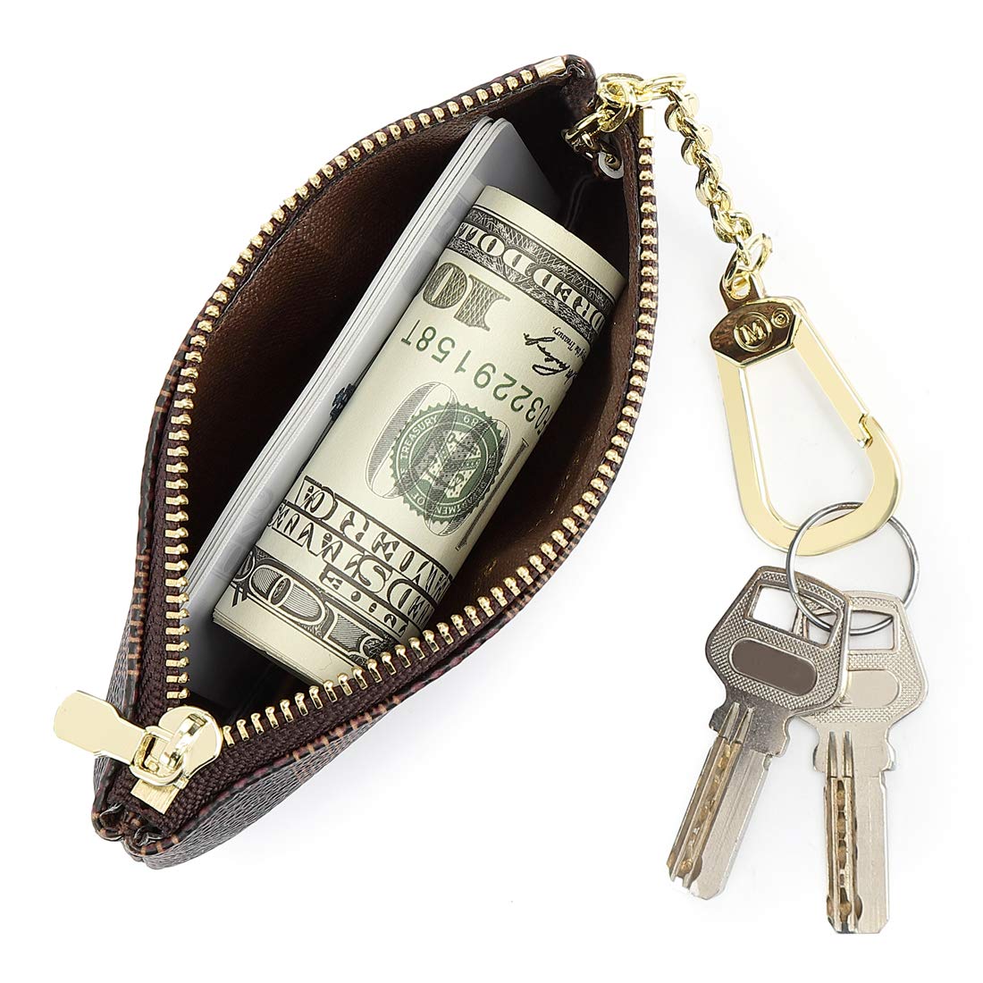 Rauder Luxury Zip Key Chain Pouch | Mini Coin Purse Wallet Card Holder with Clasp | for Men Women - Coated Canvas (Brown)