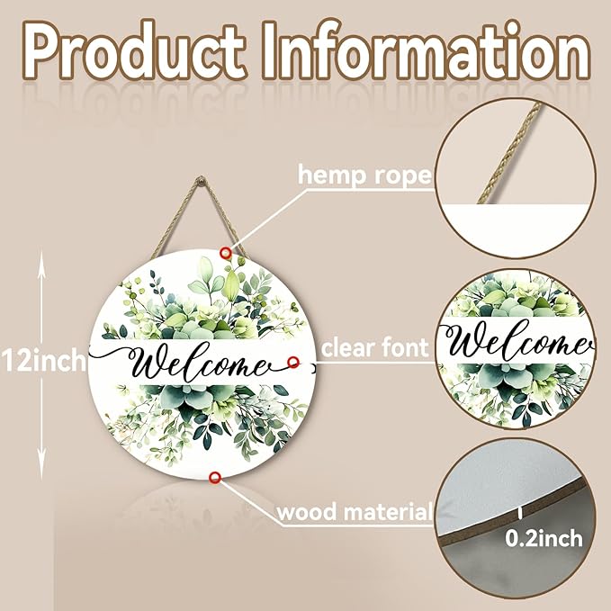 Spring Summer Welcome Door Sign Green Eucalyptus Leaf Wooden Door Hanger Floral Leaves Front Door Hanging Sign for Outdoor Home Farmhouse Porch Sign Decor
