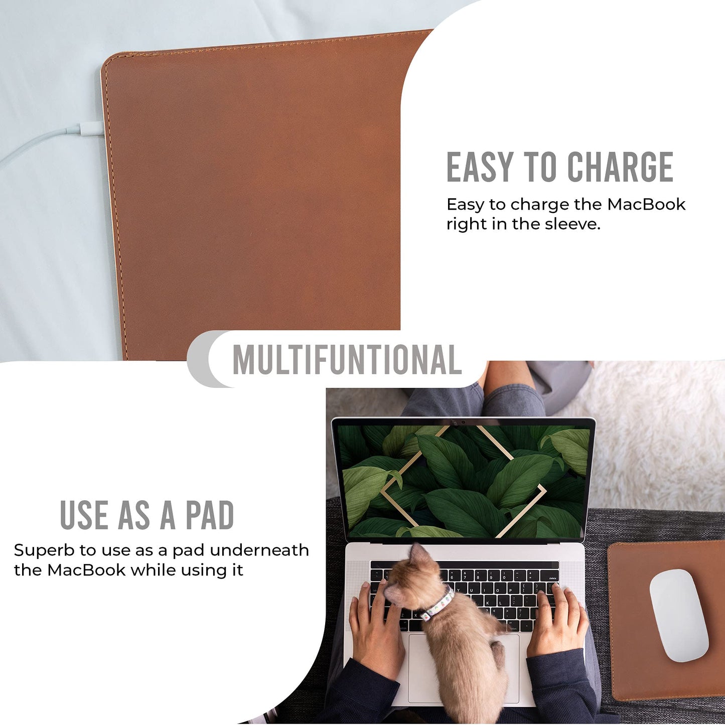 ENVOY Leather MacBook Air M2 Sleeve Fits Any 13, 14, 16 Inch - Genuine Full Grain Leather Laptop Case, Pro Slim Mac Cover with Real Wool Lined Pocket, Saddle