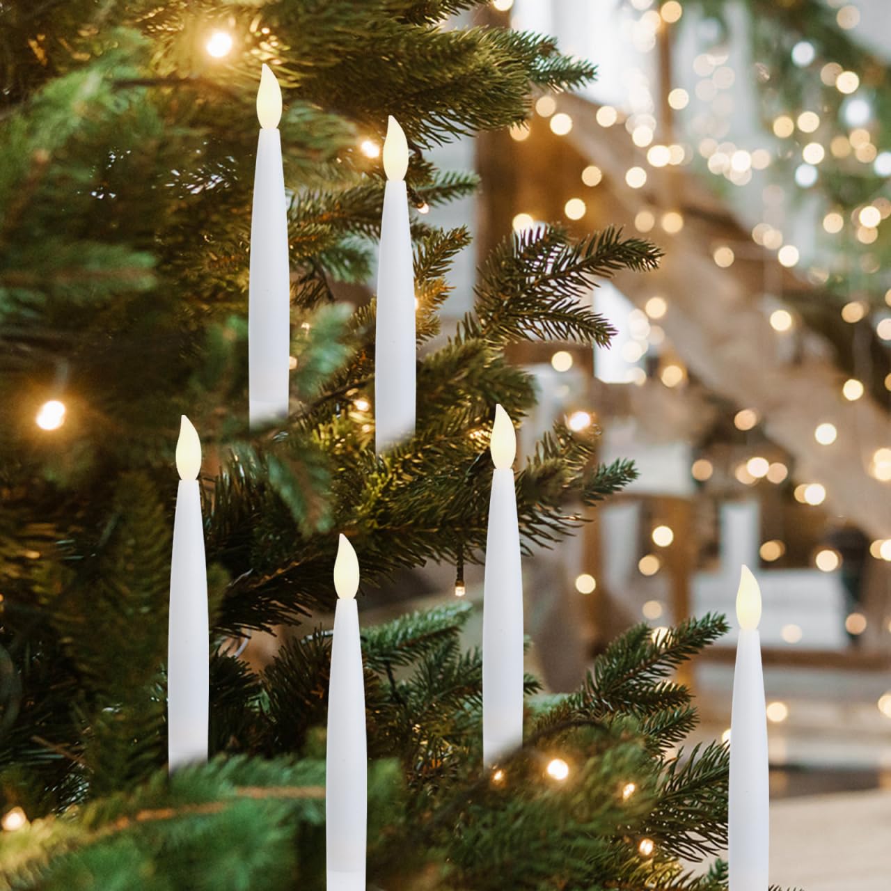 Angoily 12 Pcs Flameless Led Taper Candles Battery Operated Christmas Tree Lights Electric Fake Candles for Holiday Home Garden Wedding Parties Decor Includes Clips Fishing Line, Warm Led Lights