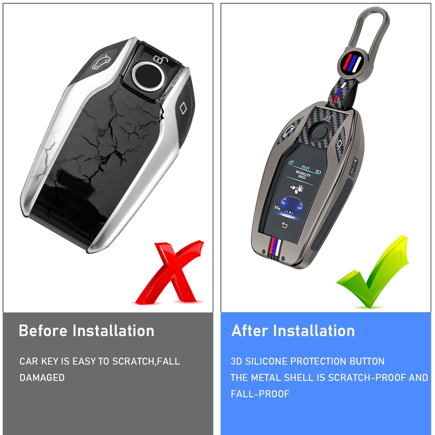 Jaronx Compatible With BMW Key Fob Cover 5' G30 G31/6' G32/7' G11 G12/X3 G01/X4 G02/X5 G05/X7 G07/i8, LCD Digital Touchscreen Smart Metal Key Cover Holder Carbon Fiber Pattern Rubber For BMW (1 Set)