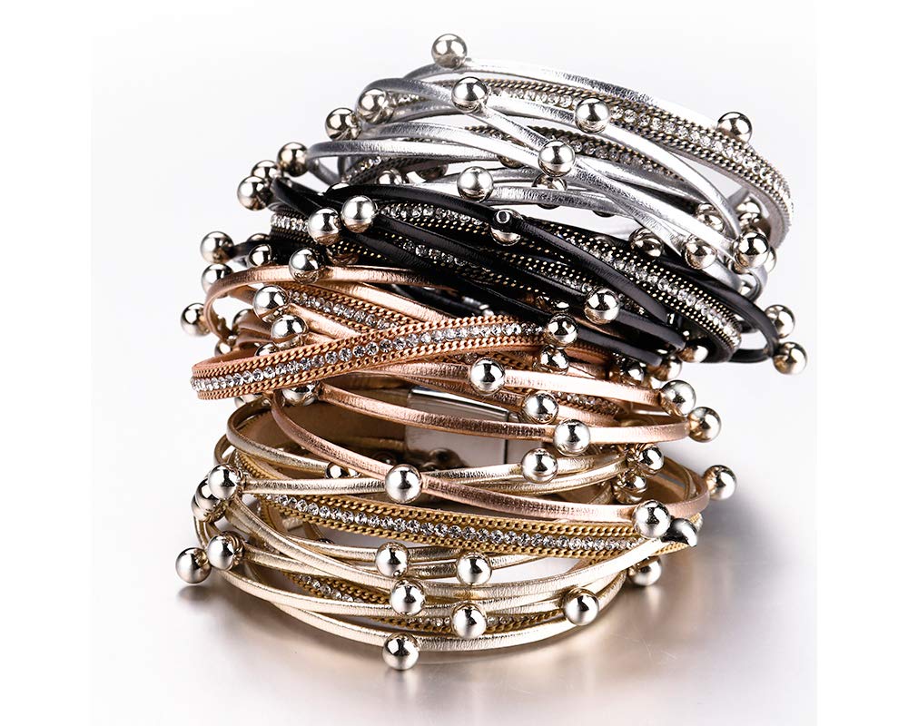 Fesciory Leather Wrap Bracelets for Women, Boho Leopard Multi-Layer Crystal Beads Cuff Bracelet Jewelry (RoseGold Beads)