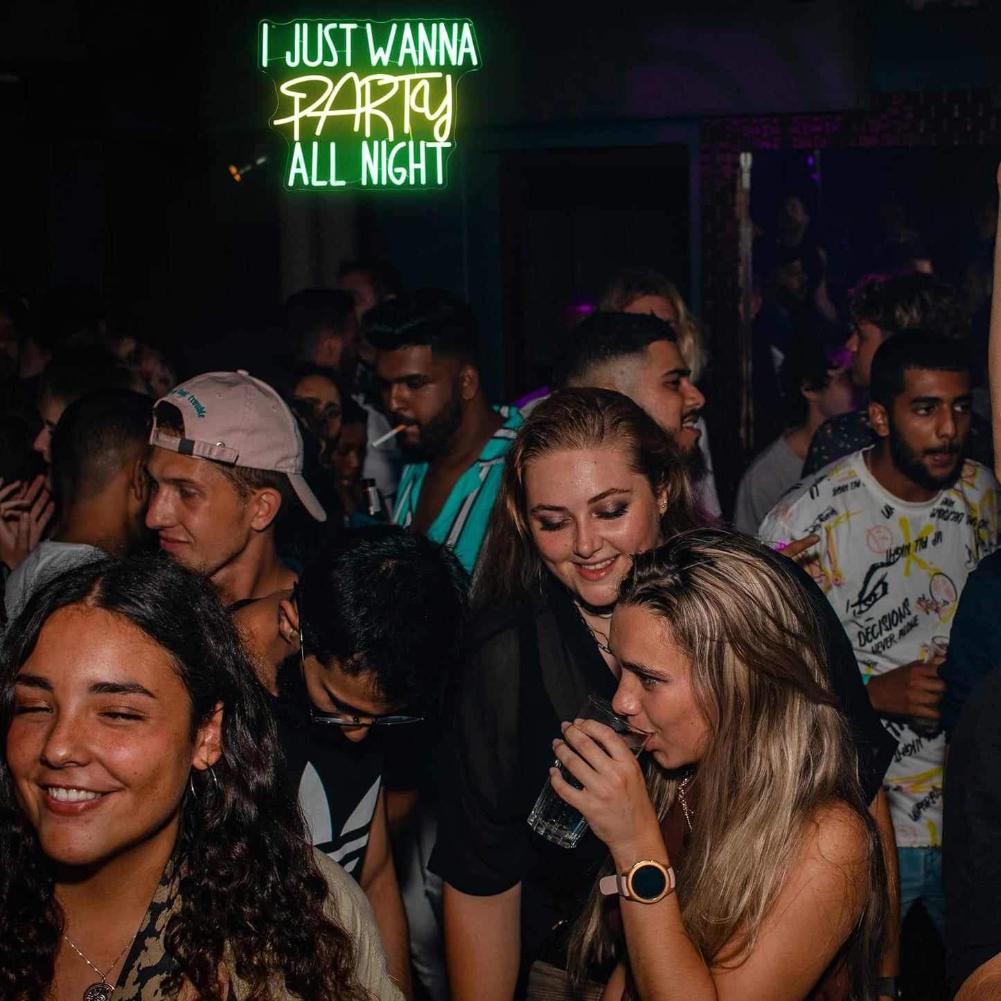 I Just Wanna Party All Night Neon Sign Green Yellow Letter Neon Light Prom Night LED Signs for Wall Dimmable Party Neon Lights Signs for Ball Prom Birthday Bar Decor USB Powered
