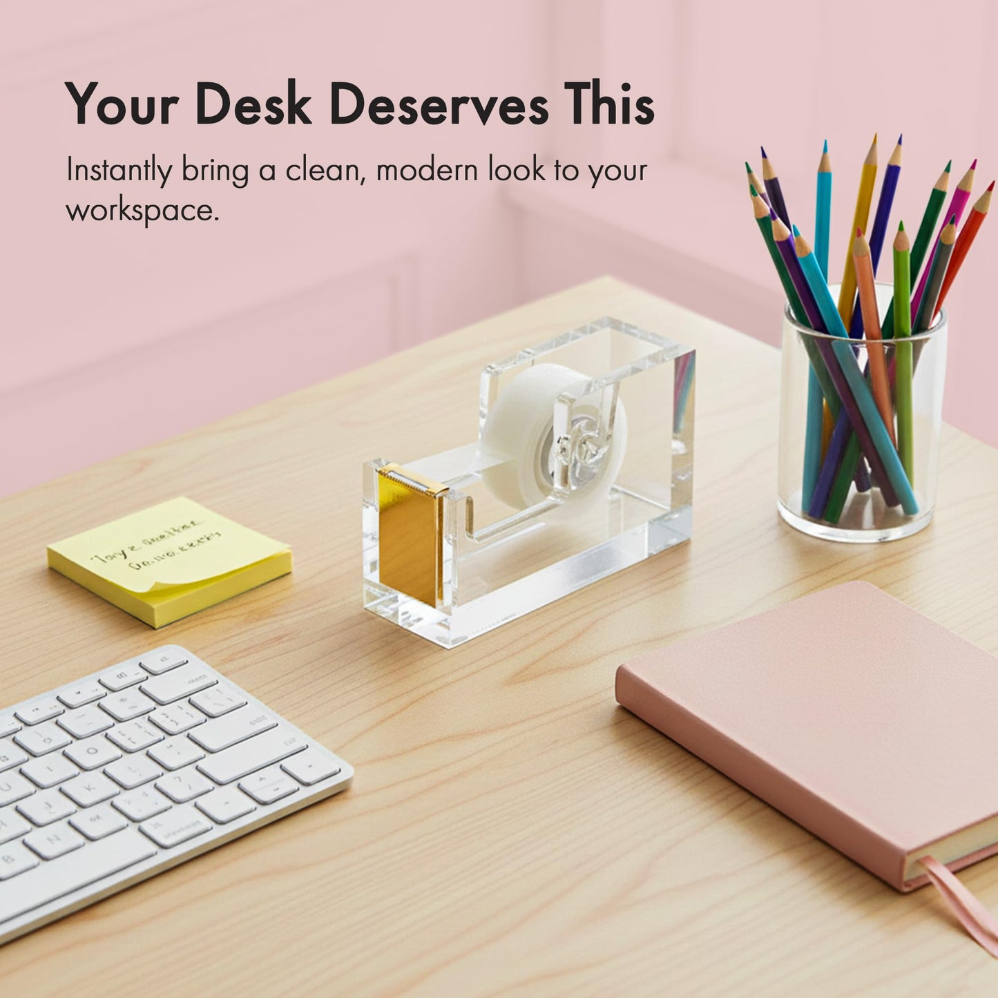 OfficeGoods Acrylic Tape Dispenser – Modern Desk Organizer for Office Supplies, Heavy Duty Refillable Tape Holder for Home and School Crafting, Stylish Desktop Accessory for Gift Wrapping, Gold