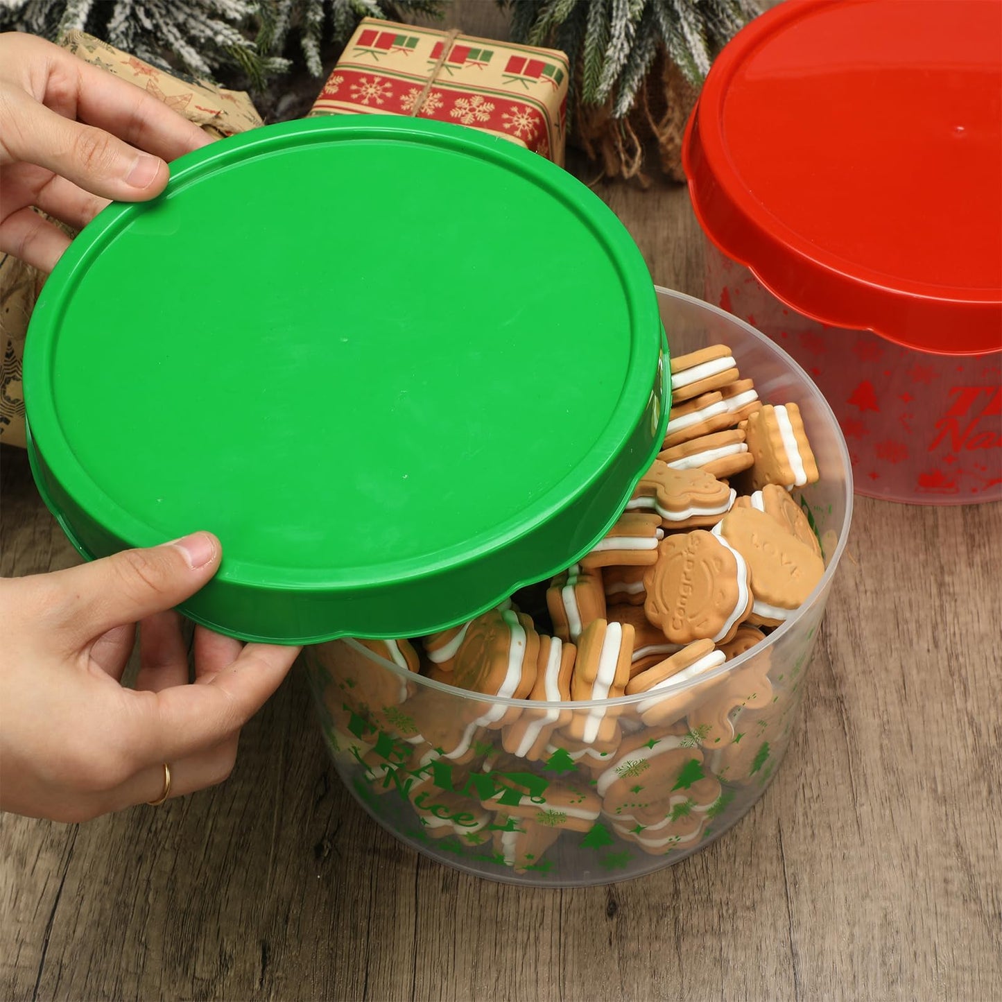 Nitial 4 Pcs Christmas Cookie Containers Plastic Christmas Jar with Lids Team Naughty or Nice Storage Buckets Xmas Candy Cookies Snack Tin Winter Containers Jars for Xmas Winter Party Supply