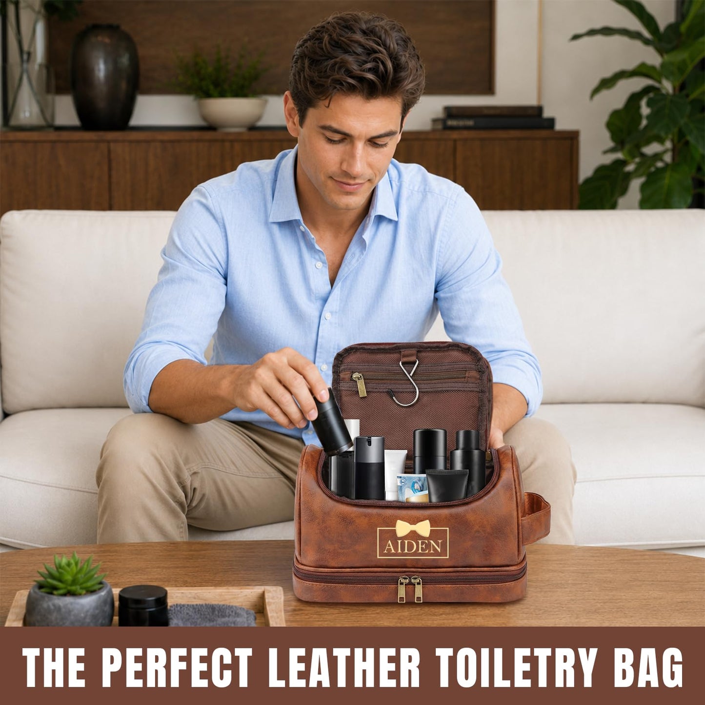 Personalized Toiletry Bag for Men, Engraved Name & Text, Father's Day Birthday Gifts for Men, Dad, Leather Men's Toiletry Bag for Traveling, Customized Birthday Gifts for Husband, Grandpa, Lover