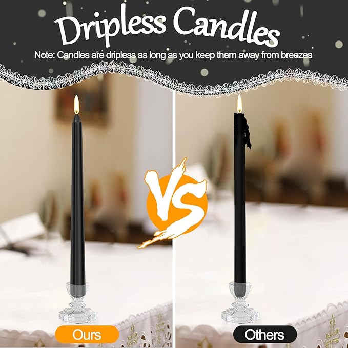 24 Pack Black Taper Candles, 0.85 x 10 Inch Tall, Unscented Smokeless Dripless Dinner Candlesticks for Halloween Home Décor Wedding Party