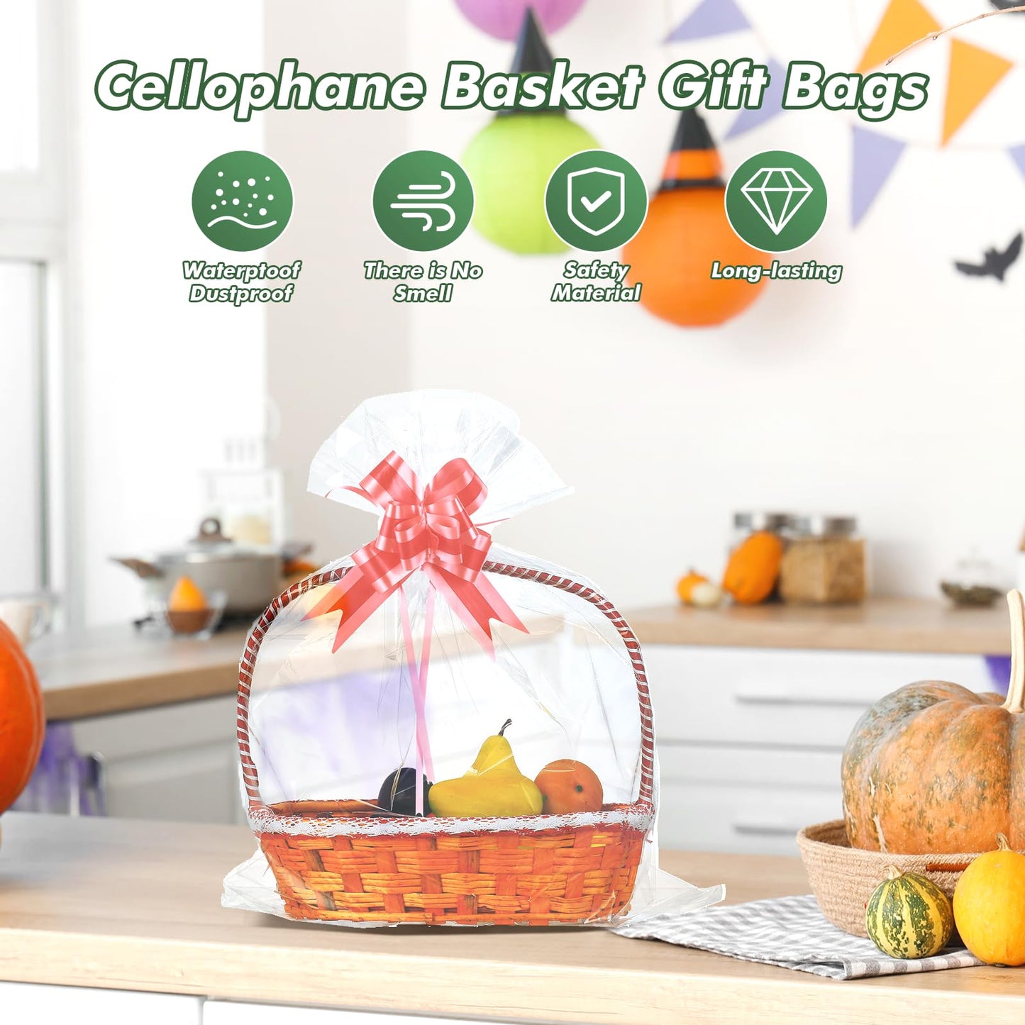 30 Packs 32 x 40 Inches Extra-large Gift Wrap Cellophane Bags for Basket Jumbo Clear Cellophane Wraps Clear Huge Cello Bags for Basket, Gift, Christmas Tree, Treat, Art and Craft, 30ct Red Ribbon Bows