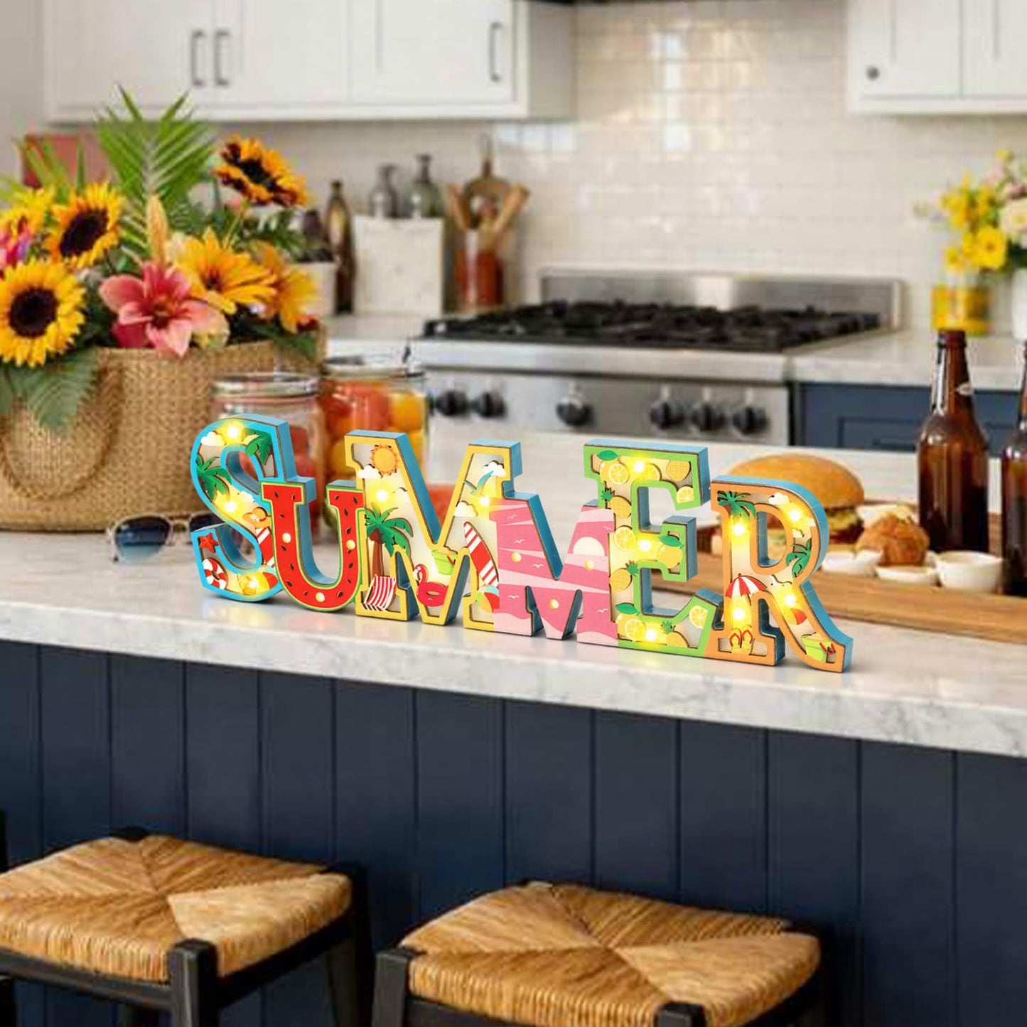 Geetery Summer LED Wooden Sign Watermelon Wooden Words Sign Tabletop Centerpiece Decor Beach Decorations for Summer Table Home Indoor Party
