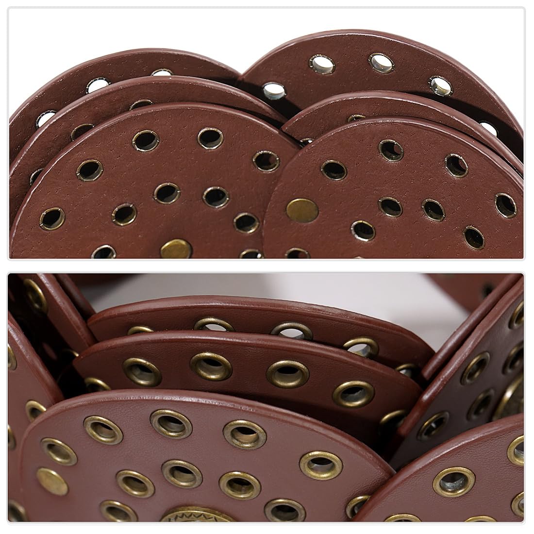 HIQUACC Wide Disc Belt for Women Vintage Leather Hollow Out Round Belt Western Waist Belt (Copper Brown S)