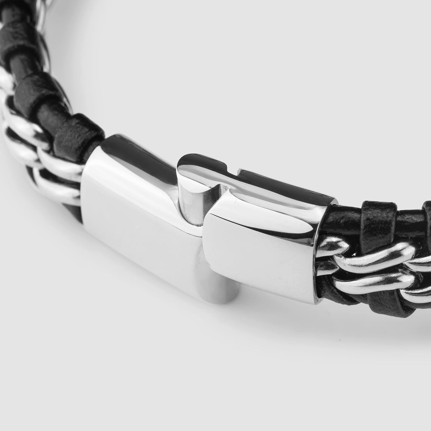 SERASAR 8″ Silver Leather Bracelets for Men Mens Cowhide Gift Box Braided Bracelet Stainless Steel Jewelry Wrist Band Cuff Wrap Rope Bangle Dad Pulseras para Hombres Cuero Regalo