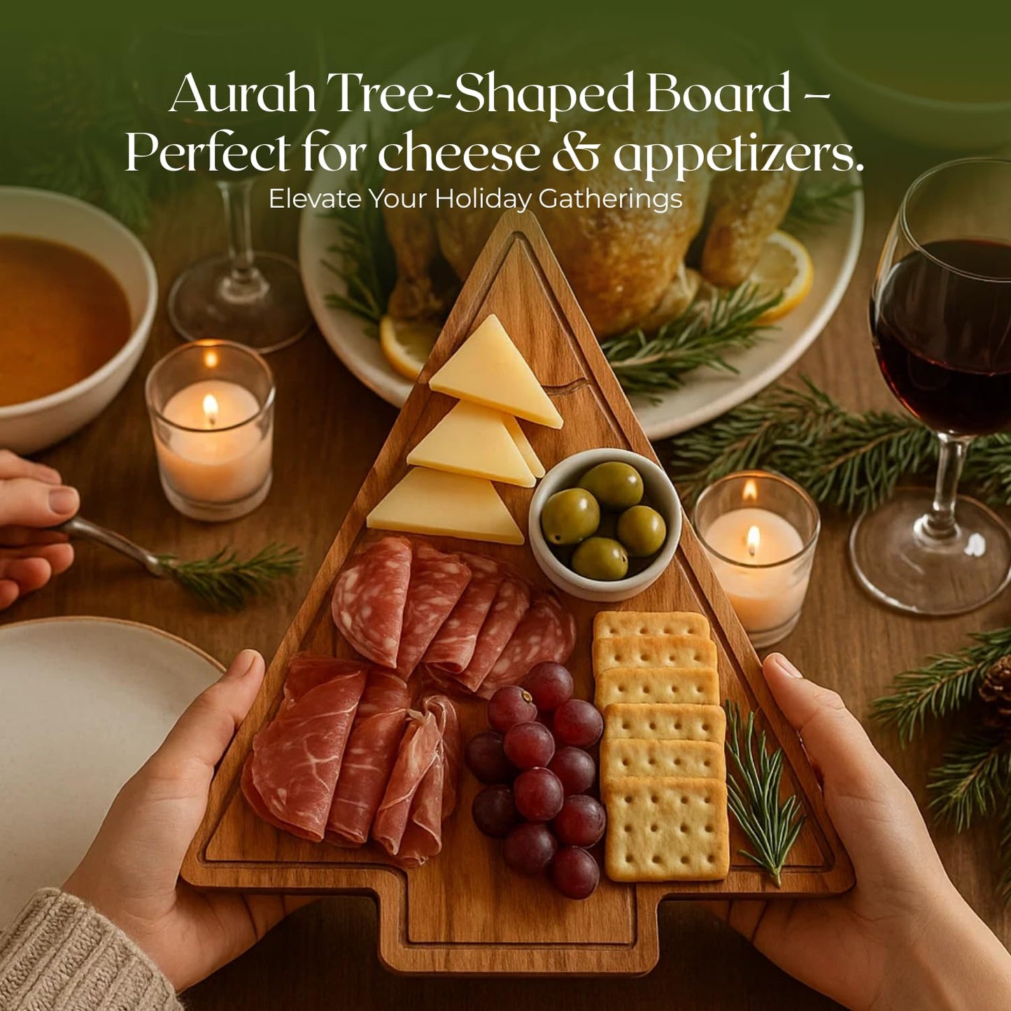 Aurah Acacia Wood Christmas Tree Cutting Board 13.5x11 Inch - Chopping Board with Handle, Xmas Cheese Appetizer Tray, Wooden Decorative Serving Platter for Kitchen & Holiday Party