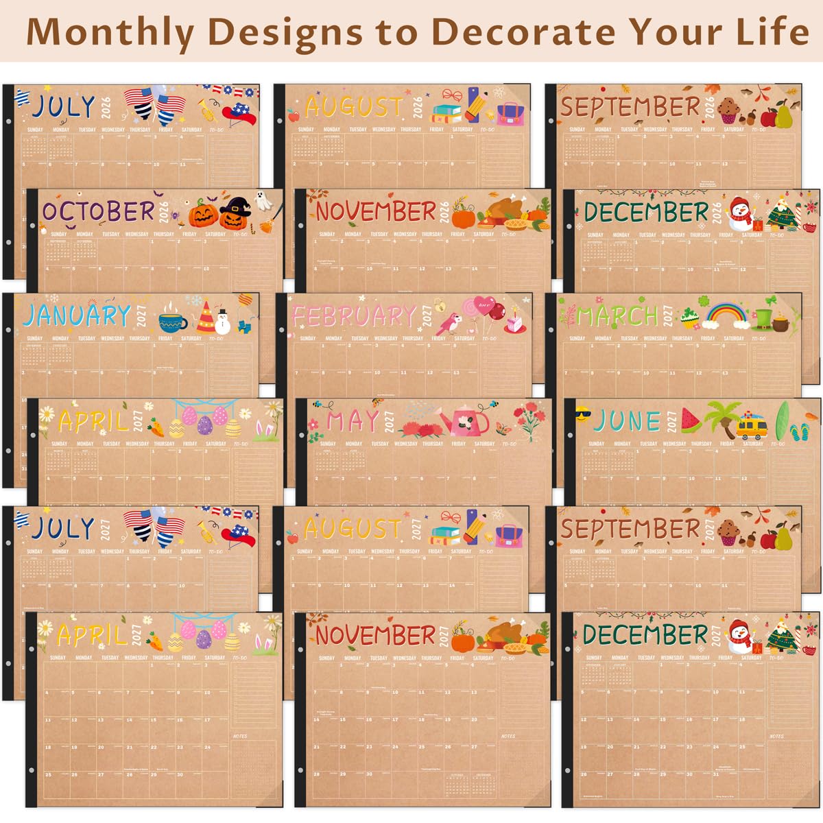 Desk Calendar 2026-2027, Large 22"x17", 18 Months from July 2026 to December 2027, Desktop Calendar with Plastic Cover and Colorful Stickers, Ideal for Home, Office, and School Planning, Doodle Kraft (July.2026-Dec.2027)
