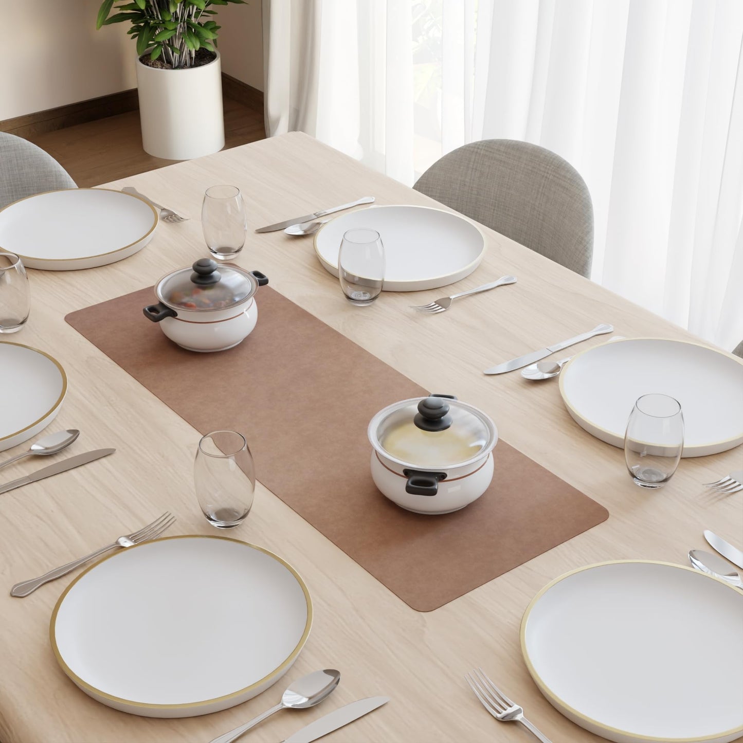 Encasa XO Dual Sided Leather Taupe Table Runner with Suede Top | Heat & Water Resistant, Non-Slip, Wipeable & Durable Dining & Kitchen Table Decor | 12"x33"
